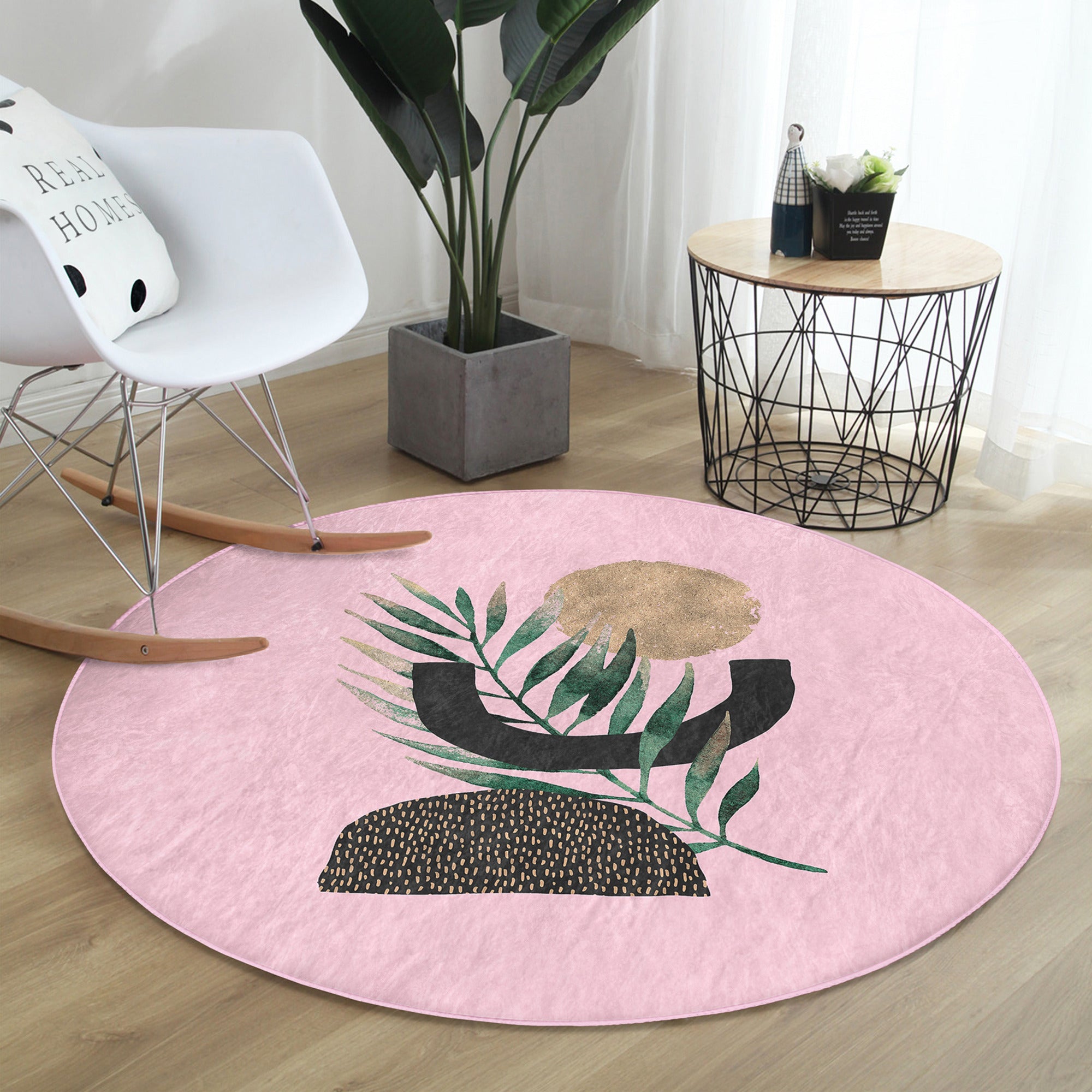 Abstract Pink Round Rug featuring a minimalist design, made of soft velvet fabric, perfect for modern home decor.