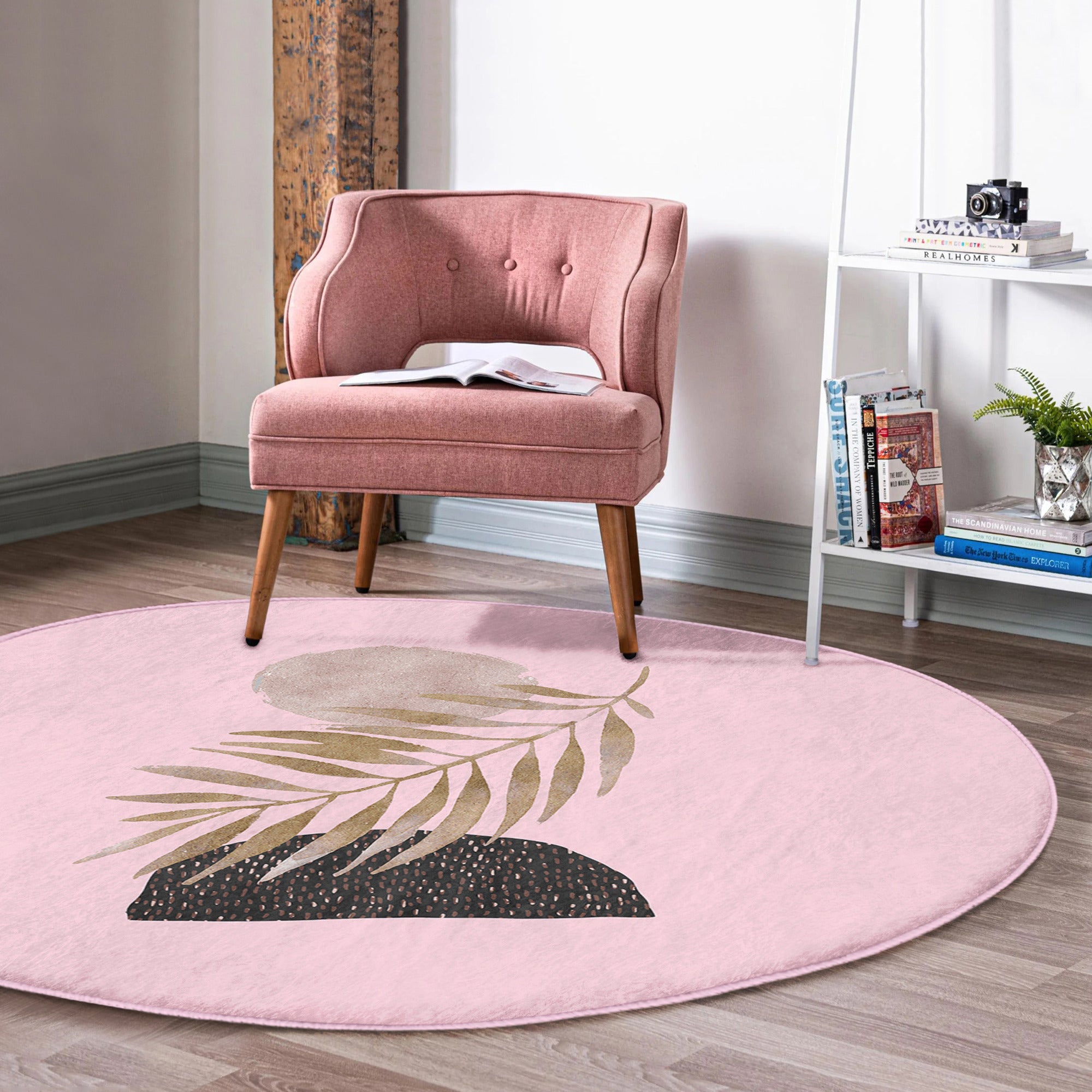 Abstract Pink Round Rug featuring a minimalist design, made from soft velvet fabric, perfect for modern interiors.