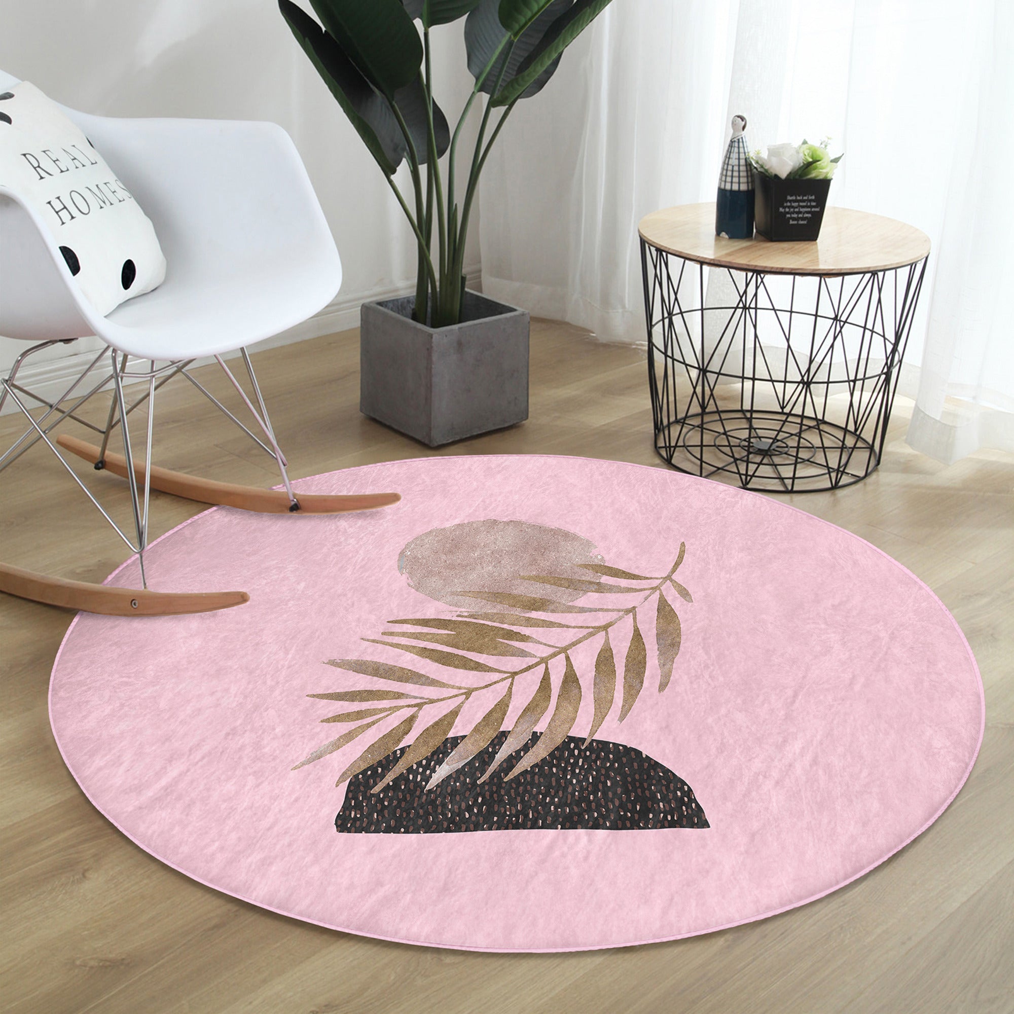 Abstract Pink Round Rug featuring a minimalist design, made from soft velvet fabric, perfect for modern interiors.