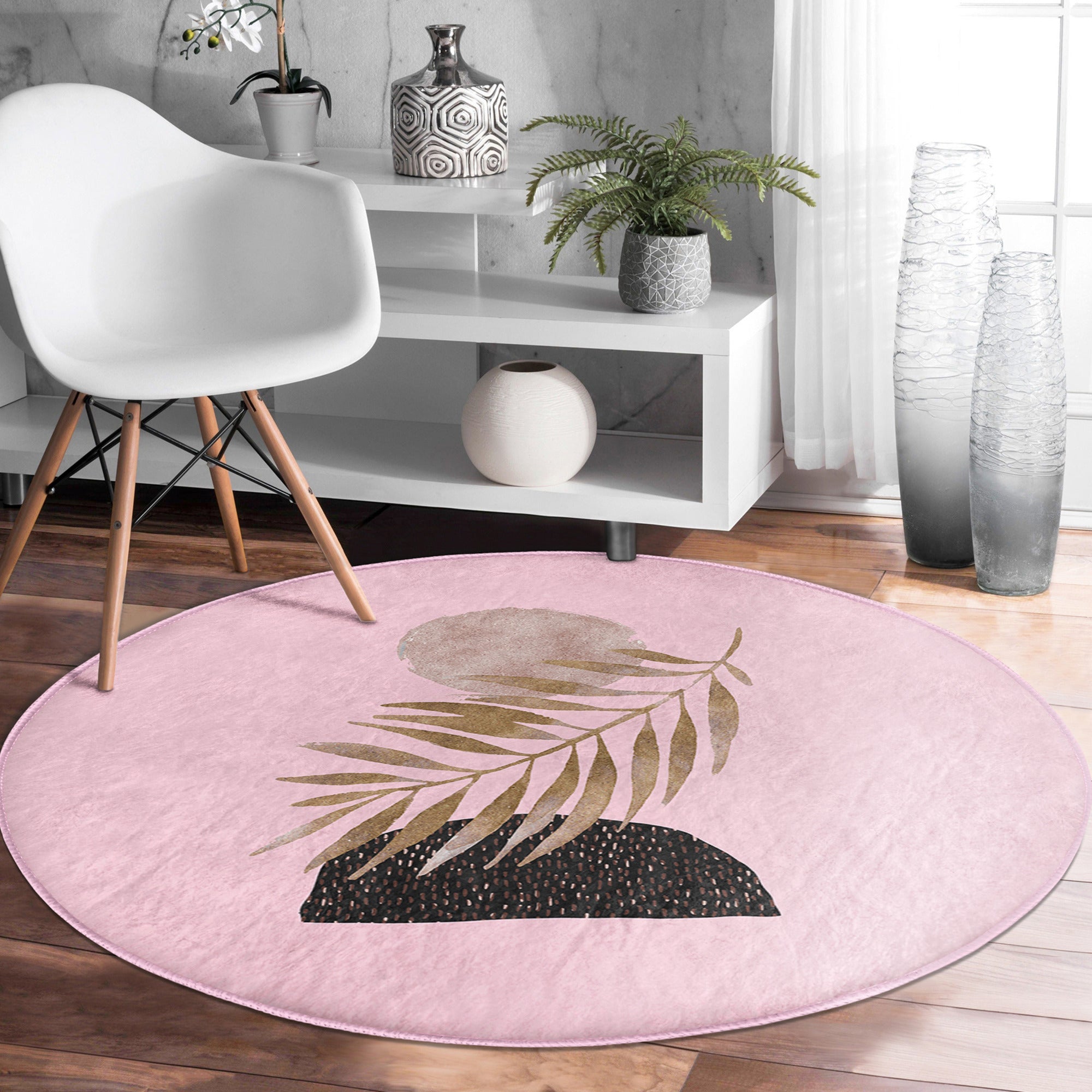 Abstract Pink Round Rug featuring a minimalist design, made from soft velvet fabric, perfect for modern interiors.