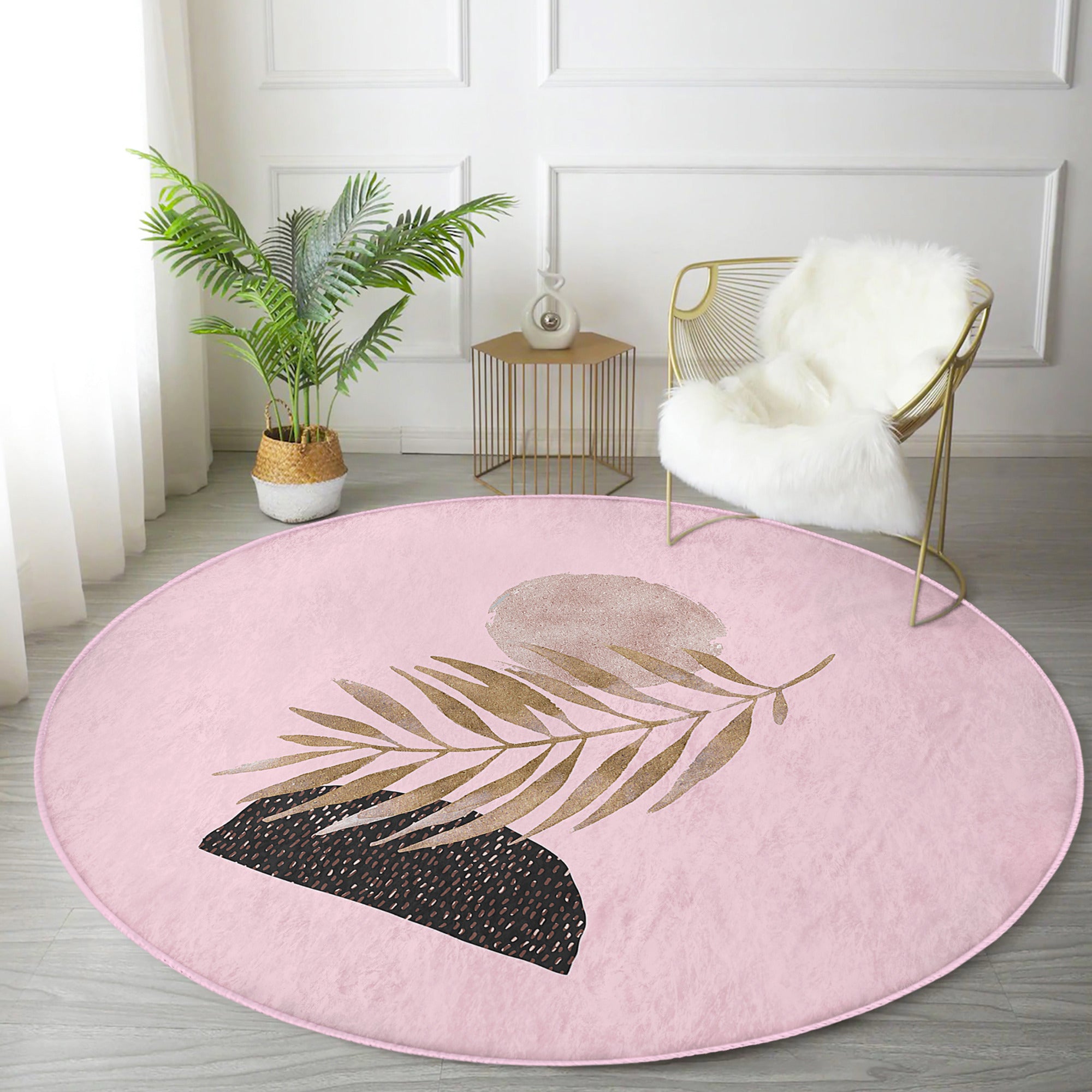 Abstract Pink Round Rug featuring a minimalist design, made from soft velvet fabric, perfect for modern interiors.