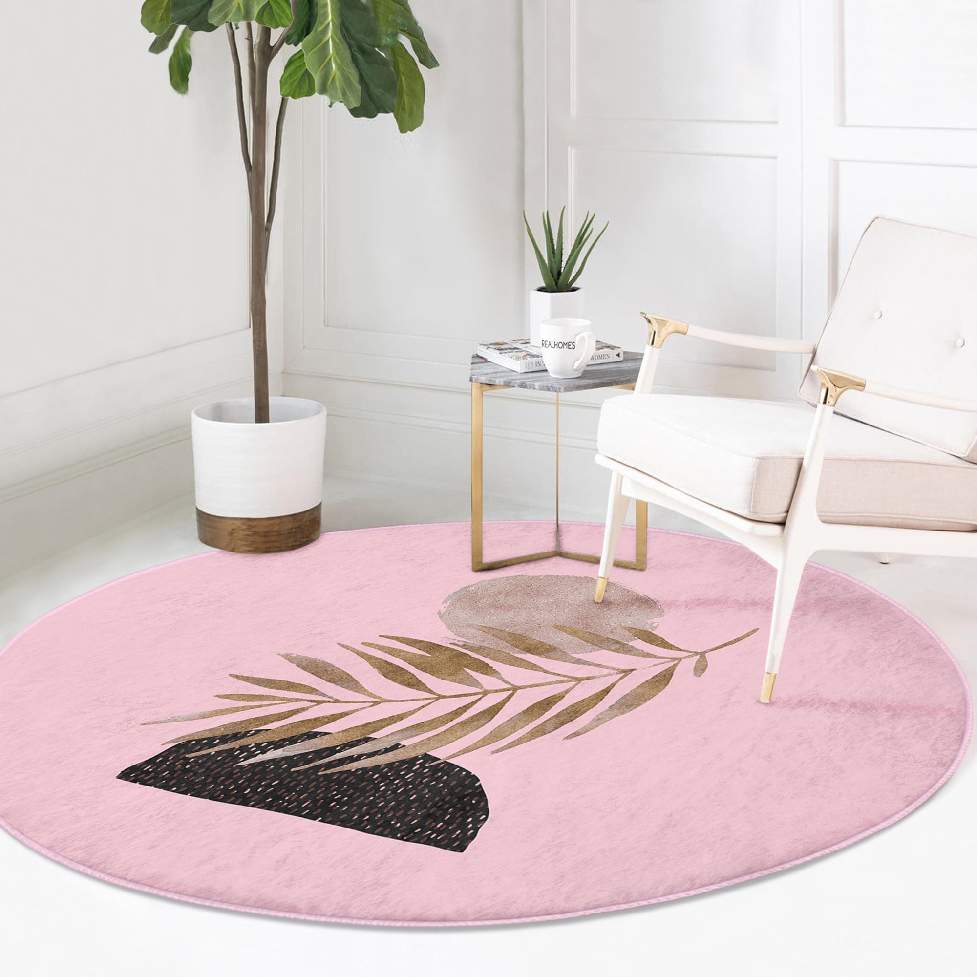 Abstract Pink Round Rug featuring a minimalist design, made from soft velvet fabric, perfect for modern interiors.