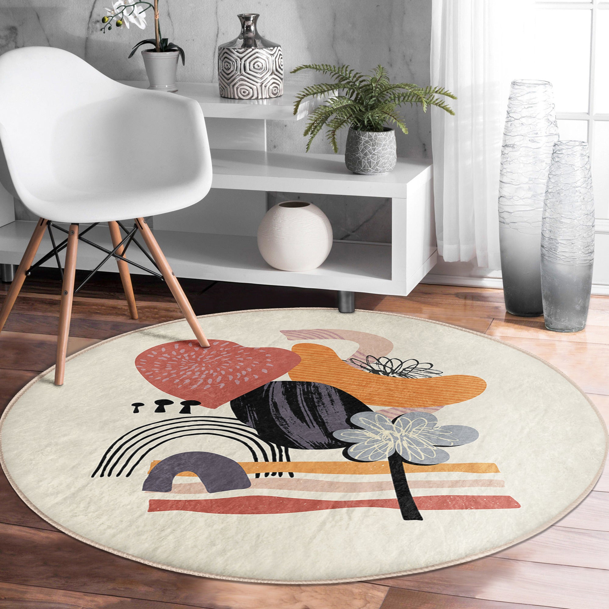 Abstract Round Rug in minimalist design, showcasing soft velvet fabric and vibrant colors, perfect for living room decor.