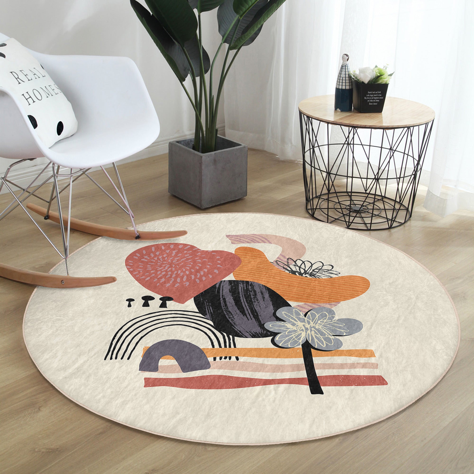 Abstract Round Rug in minimalist design, showcasing soft velvet fabric and vibrant colors, perfect for living room decor.