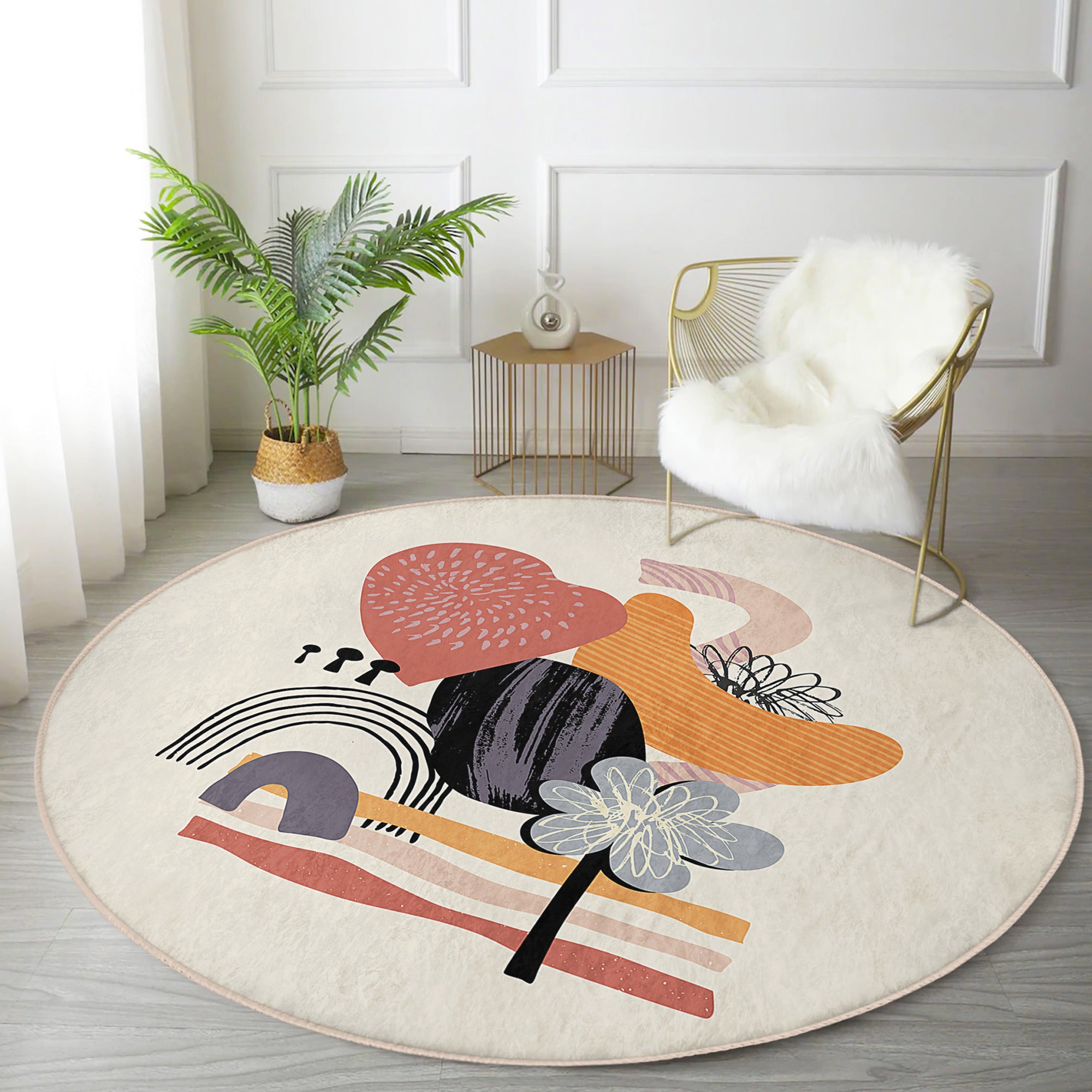 Abstract Round Rug in minimalist design, showcasing soft velvet fabric and vibrant colors, perfect for living room decor.