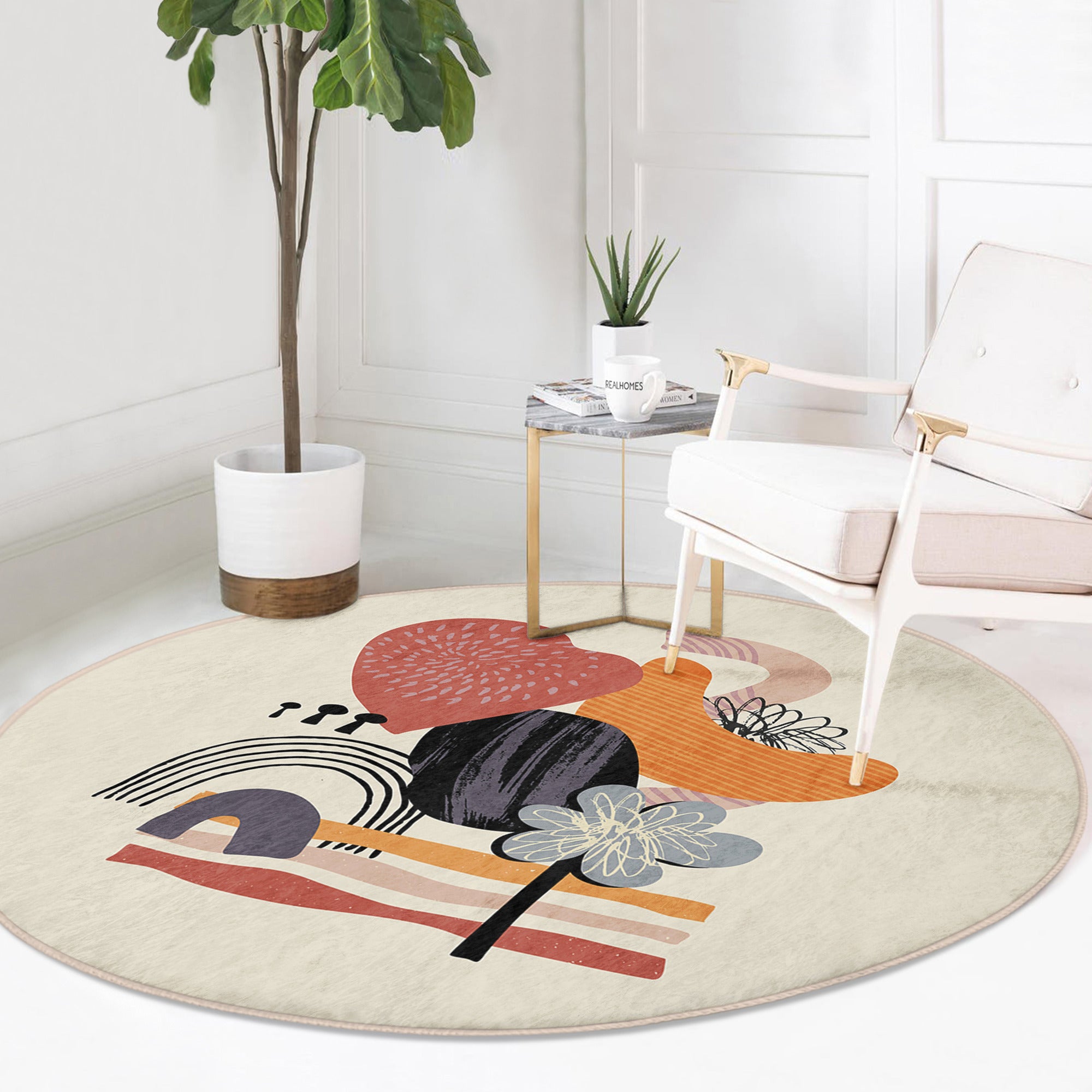 Abstract Round Rug in minimalist design, showcasing soft velvet fabric and vibrant colors, perfect for living room decor.