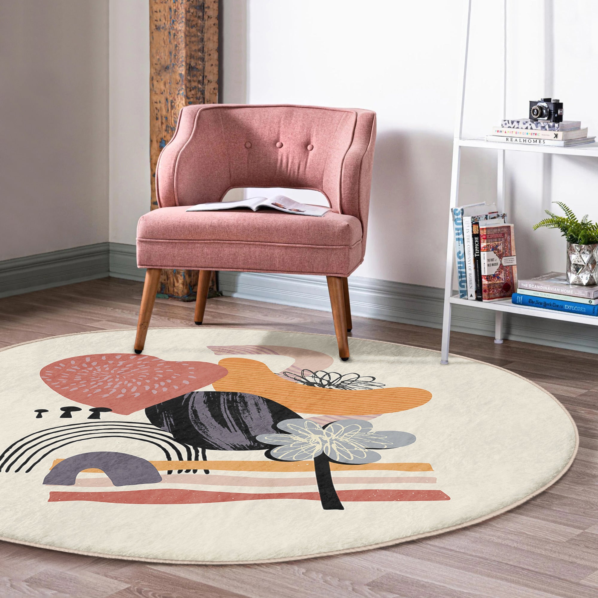 Abstract Round Rug in minimalist design, showcasing soft velvet fabric and vibrant colors, perfect for living room decor.