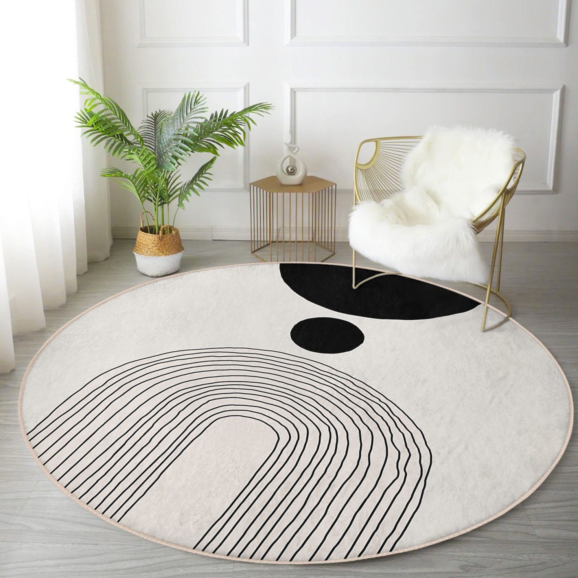 Abstract Round Rug in a minimalist design, showcasing soft velvet fabric and vibrant colors, perfect for living room decor.