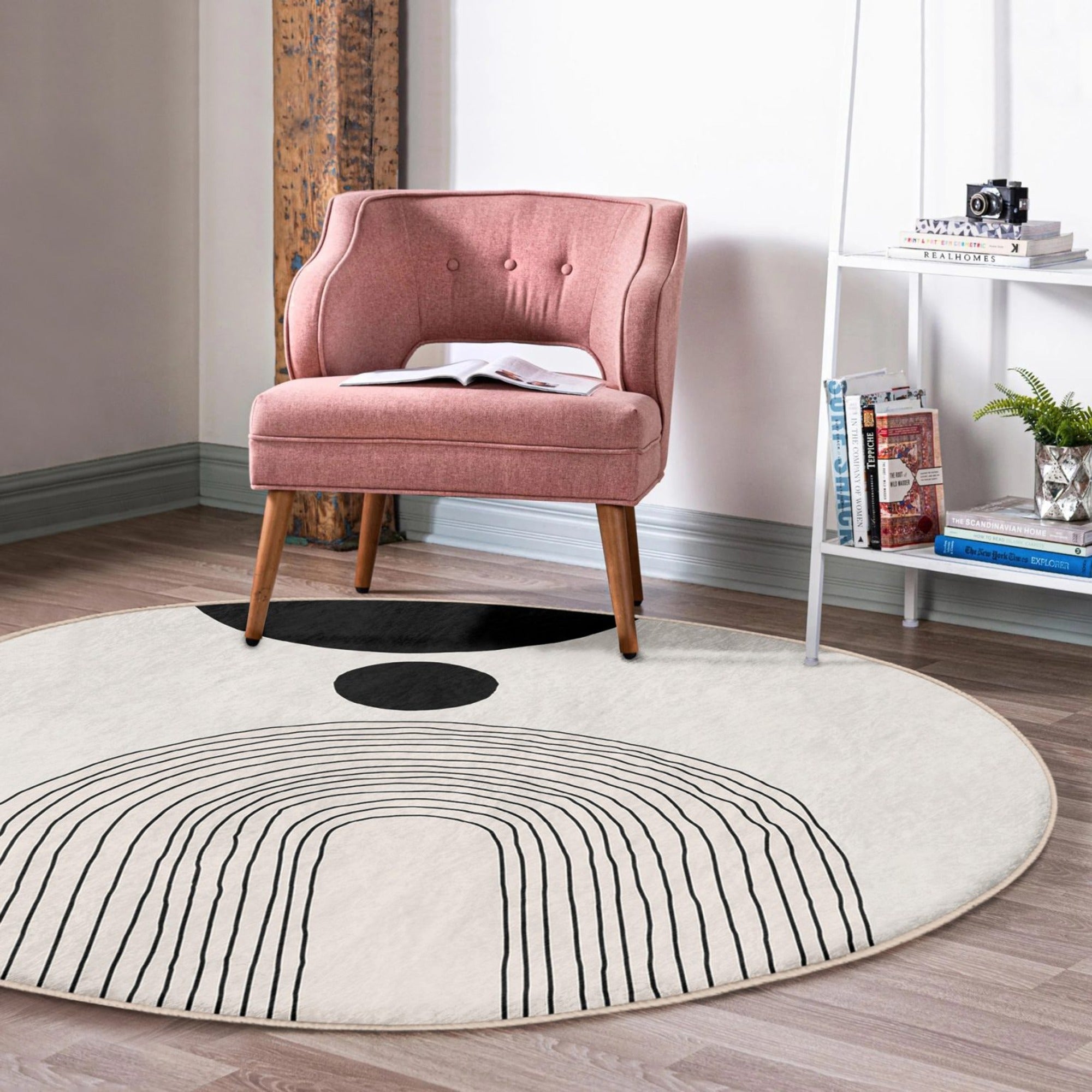 Abstract Round Rug in a minimalist design, showcasing soft velvet fabric and vibrant colors, perfect for living room decor.