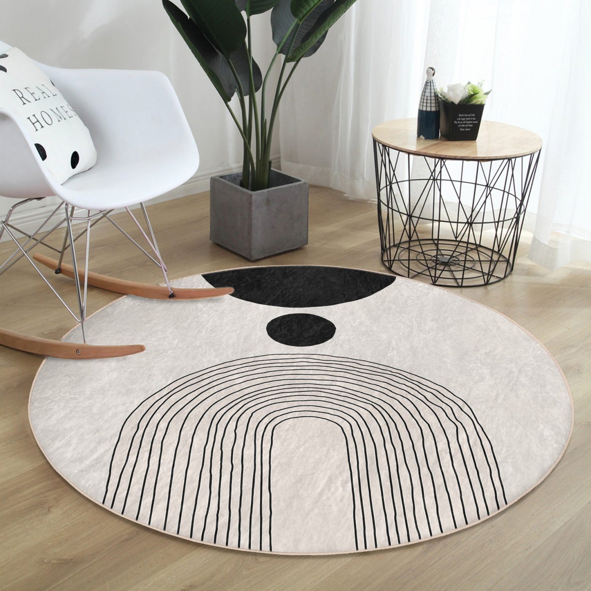 Abstract Round Rug in a minimalist design, showcasing soft velvet fabric and vibrant colors, perfect for living room decor.