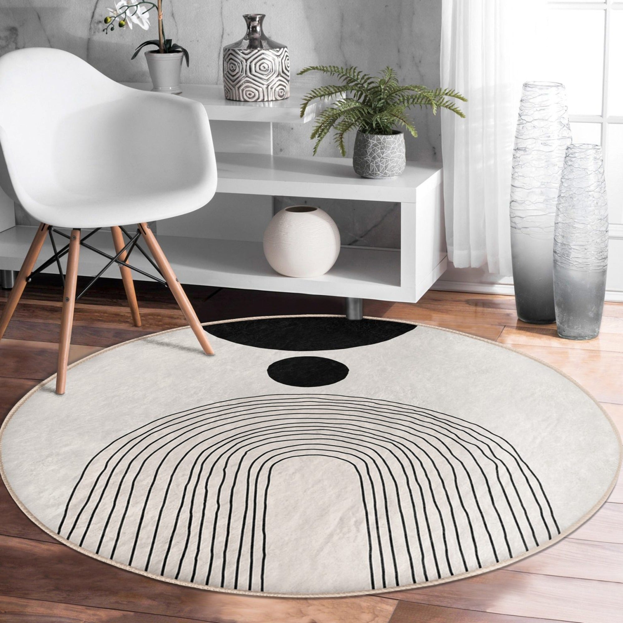 Abstract Round Rug in a minimalist design, showcasing soft velvet fabric and vibrant colors, perfect for living room decor.