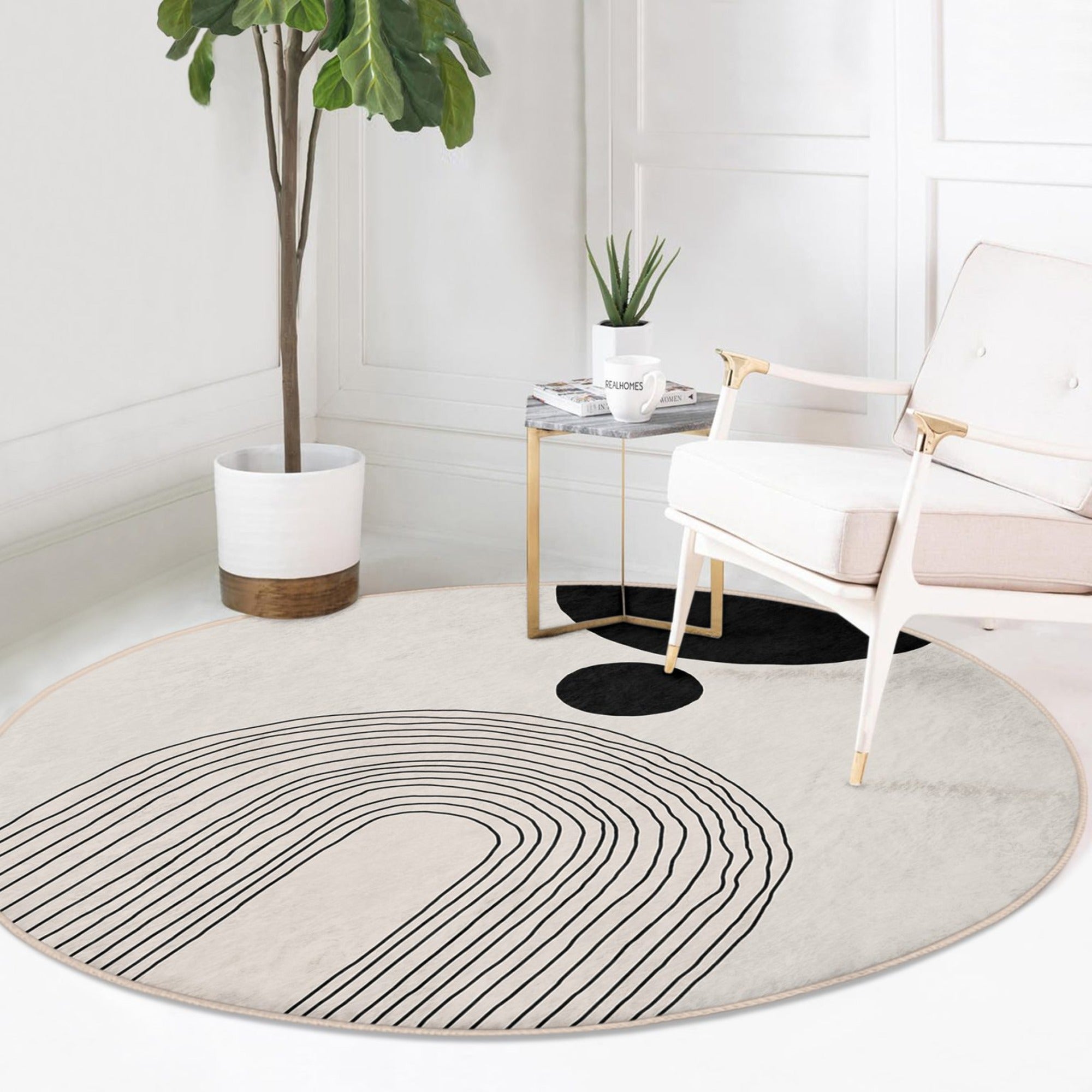 Abstract Round Rug in a minimalist design, showcasing soft velvet fabric and vibrant colors, perfect for living room decor.