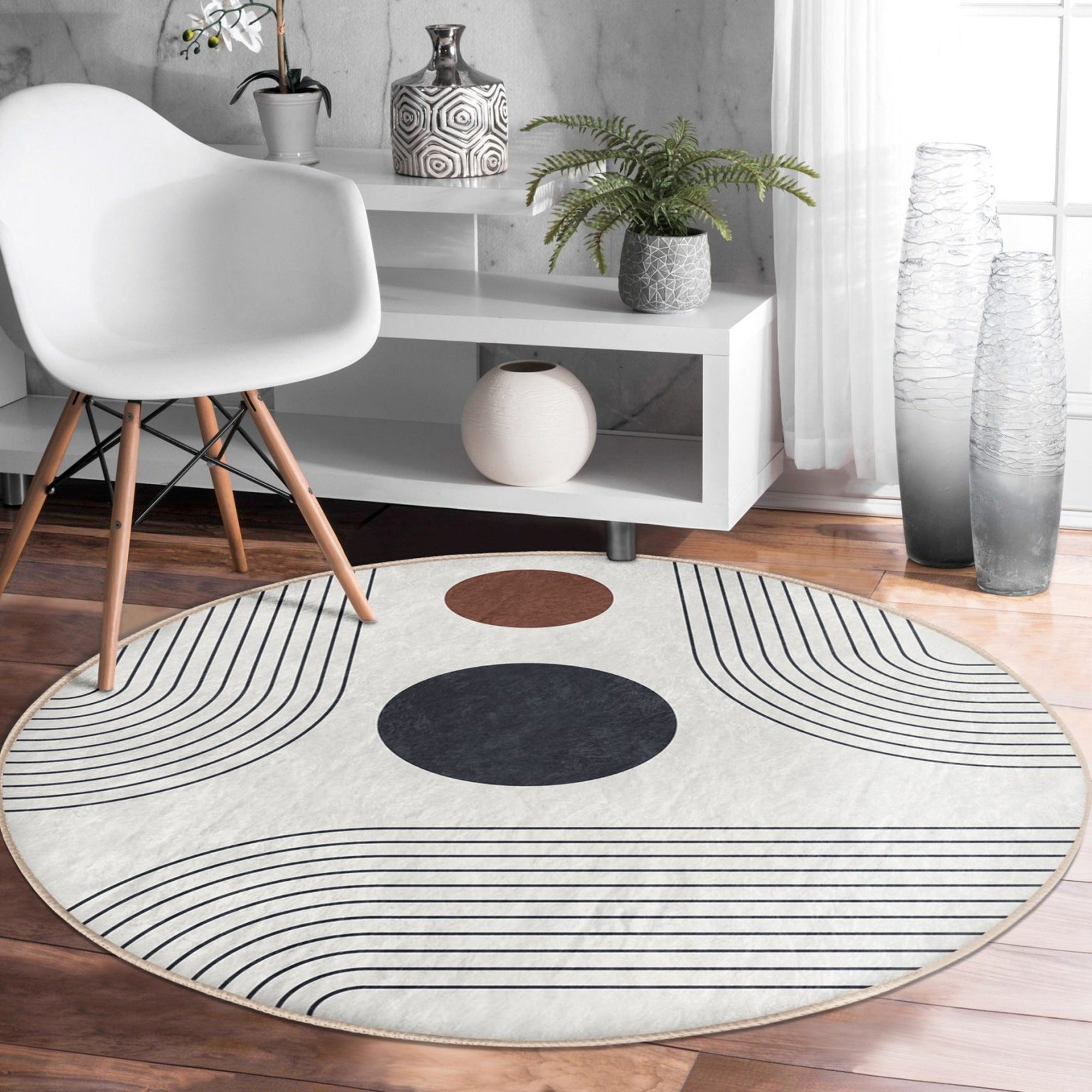 Abstract Round Rug featuring a minimalist design in soft velvet fabric, ideal for home decor.