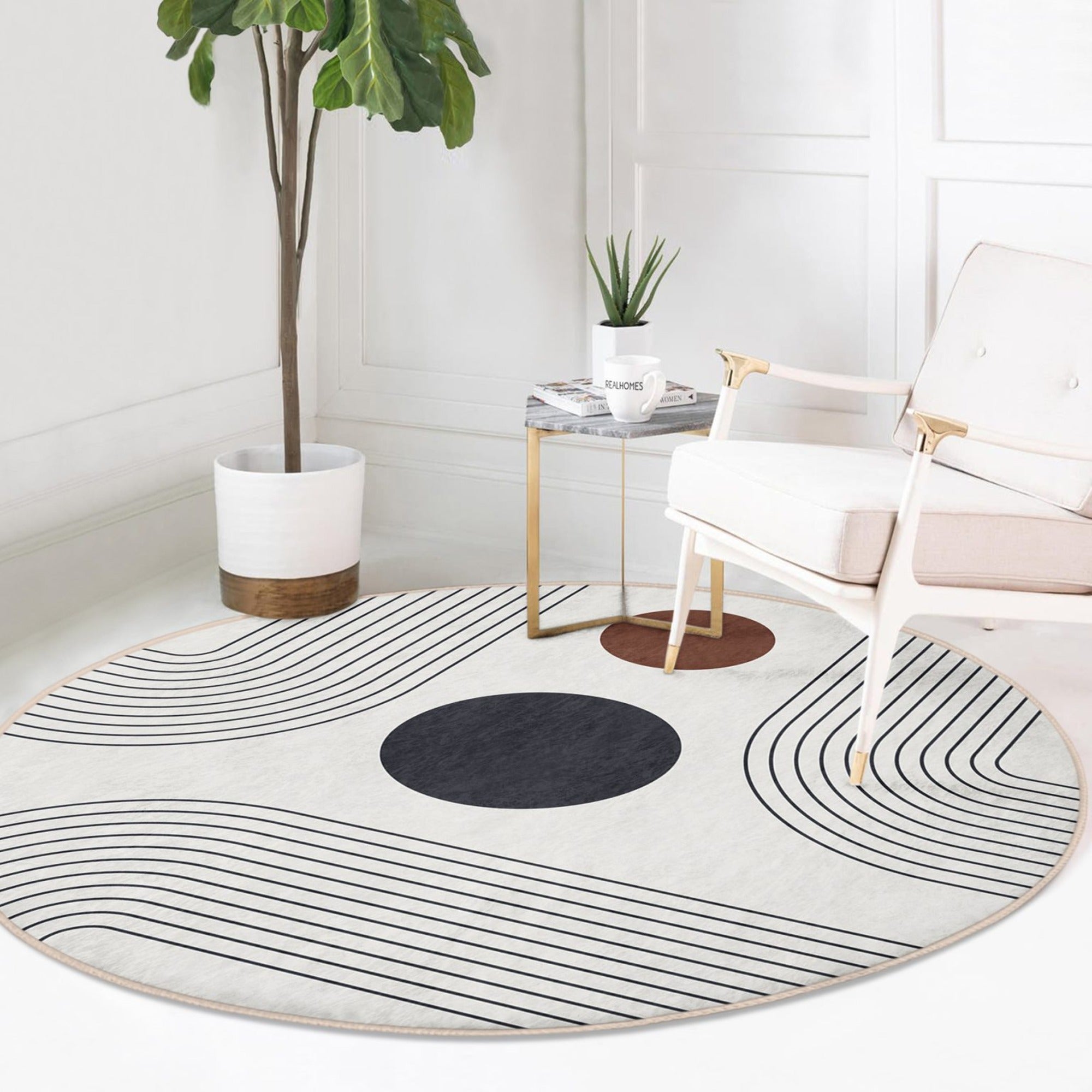 Abstract Round Rug featuring a minimalist design in soft velvet fabric, ideal for home decor.