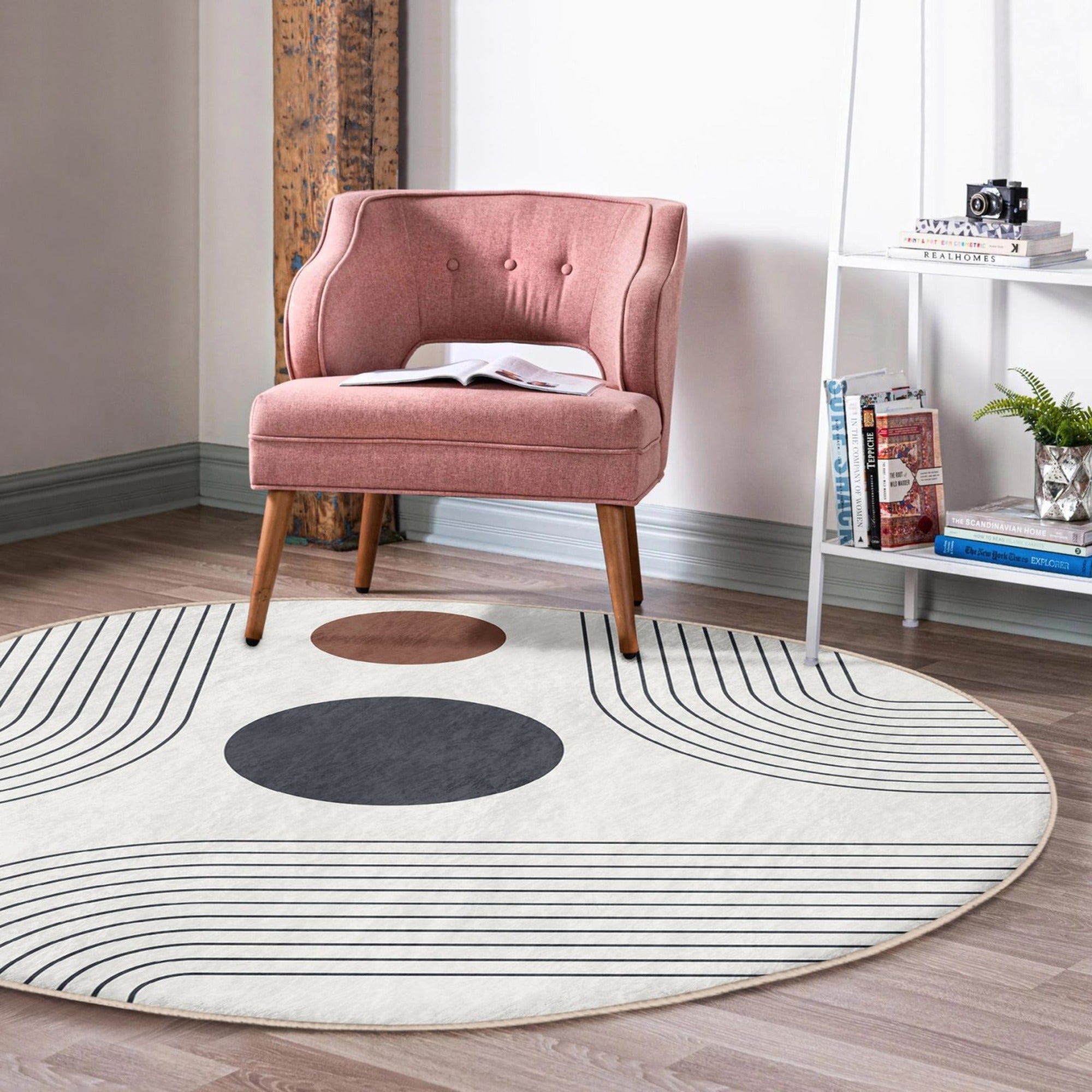 Abstract Round Rug featuring a minimalist design in soft velvet fabric, ideal for home decor.