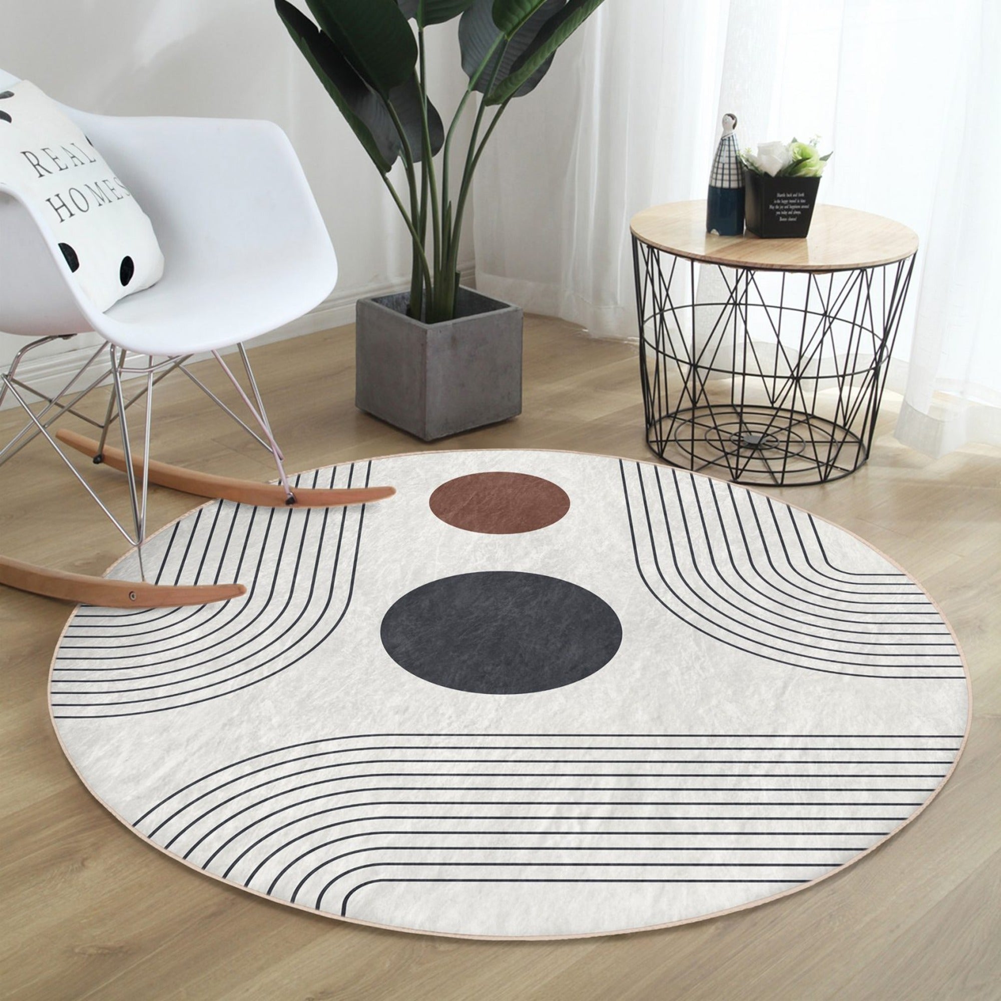 Abstract Round Rug featuring a minimalist design in soft velvet fabric, ideal for home decor.