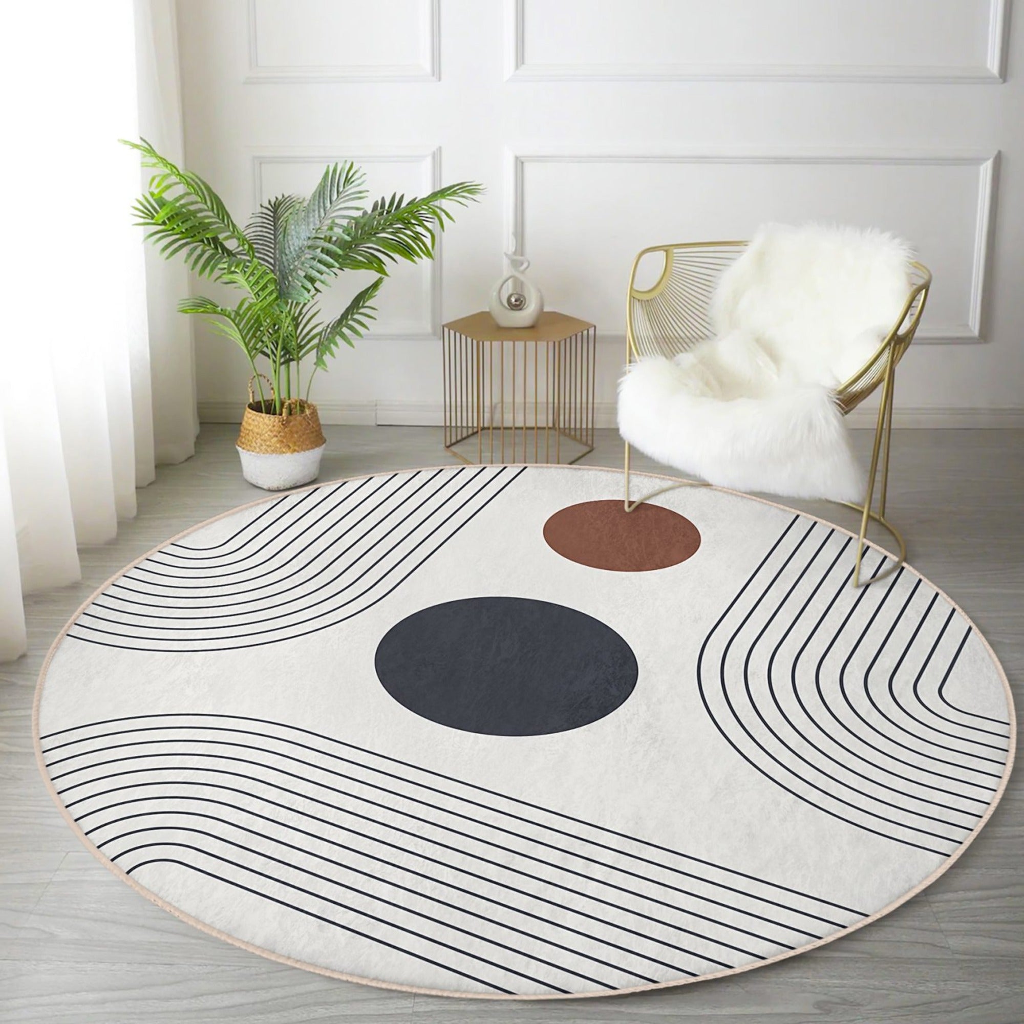 Abstract Round Rug featuring a minimalist design in soft velvet fabric, ideal for home decor.