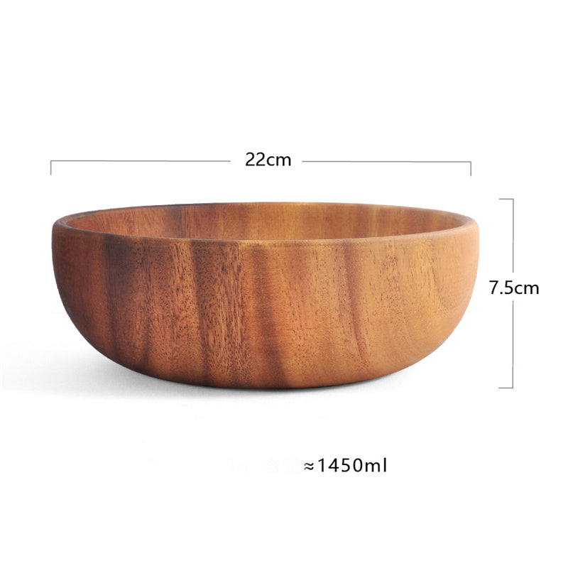 A beautifully crafted Acacia Wood Bowl with a shallow mouth design, showcasing its natural wood grain and elegant finish, perfect for salads and tableware.