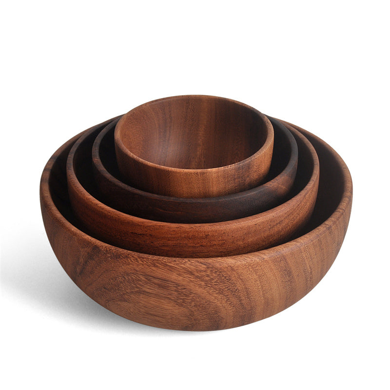 A beautifully crafted Acacia Wood Bowl with a shallow mouth design, showcasing its natural wood grain and elegant finish, perfect for salads and tableware.