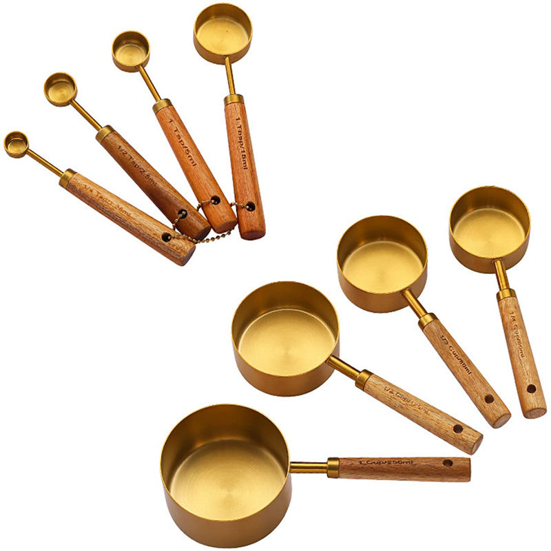 Acacia Wooden Handle Stainless Steel Measuring Cup and Spoon set showcasing elegant design and durable materials.