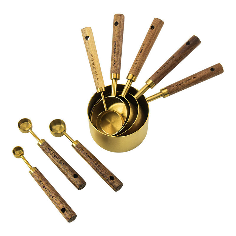 Acacia Wooden Handle Stainless Steel Measuring Cup and Spoon set showcasing elegant design and durable materials.