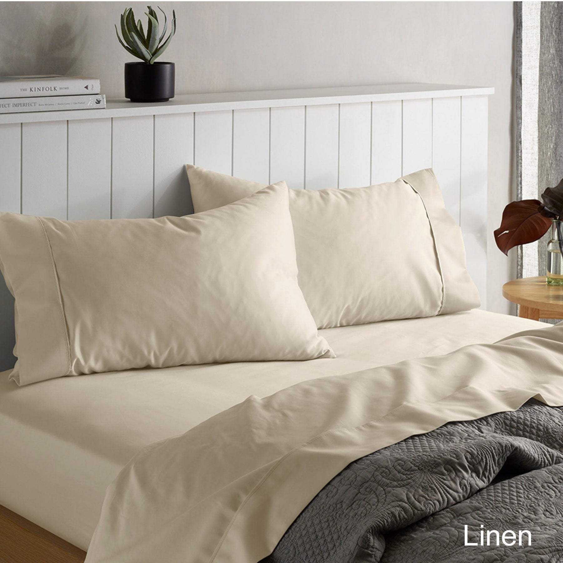 Accessorize 1500TC Cotton Rich Sheet Set in Linen King size, featuring a soft touch fabric and minimalist solid color design.