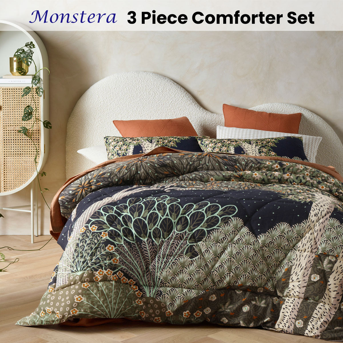 Accessorize 3 Piece Monstera Digital Printed Comforter Set Queen featuring a foliage design in earthy colors.