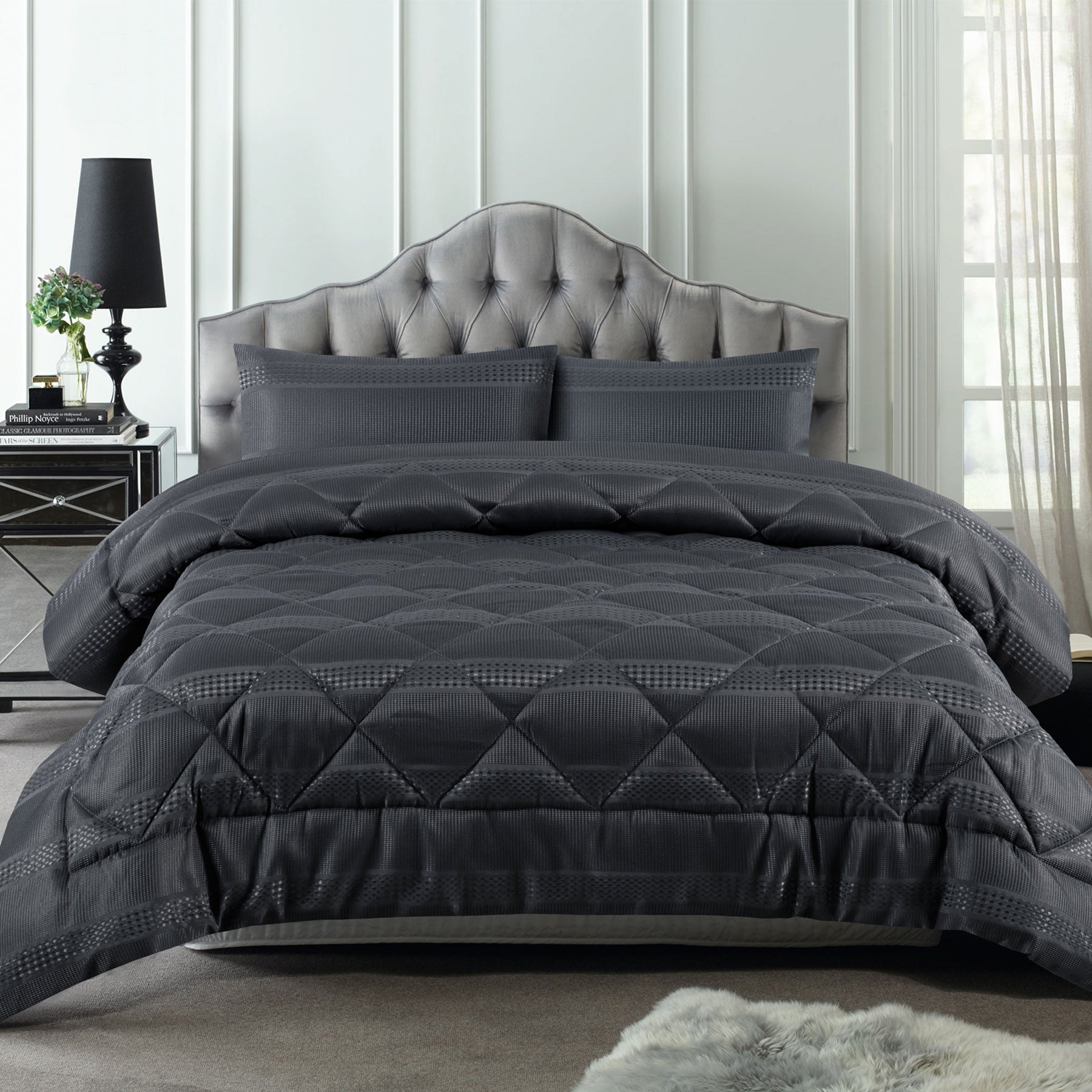 Accessorize 3 Piece Waffle Slate Comforter Set King featuring waffle jacquard design in slate color with included pillowcases.