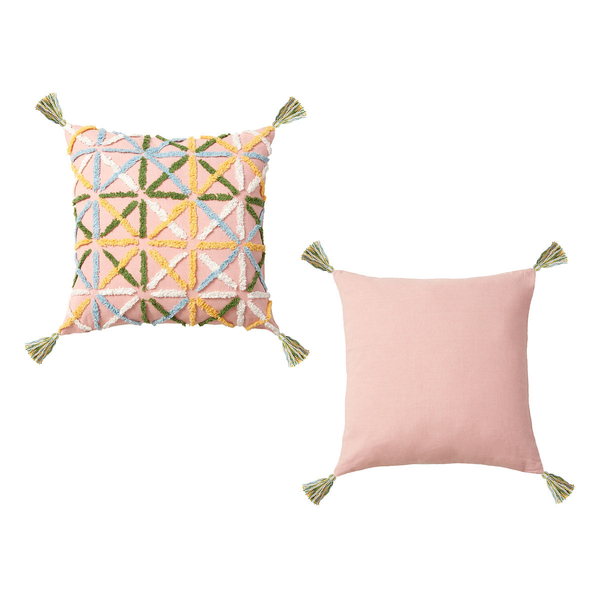 Accessorize Adena Blush Filled Square Cushion featuring a stylish applique design in soft pastel colors.