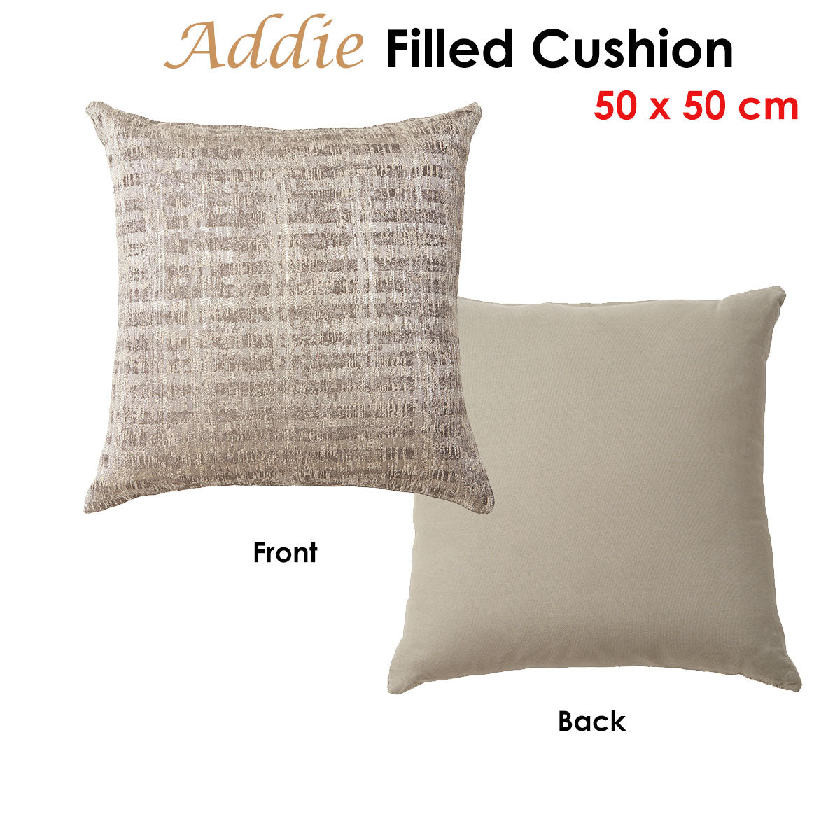 Accessorize Addie Filled Cushion in taupe and brown stripes, 50 x 50 cm, perfect for home decor.