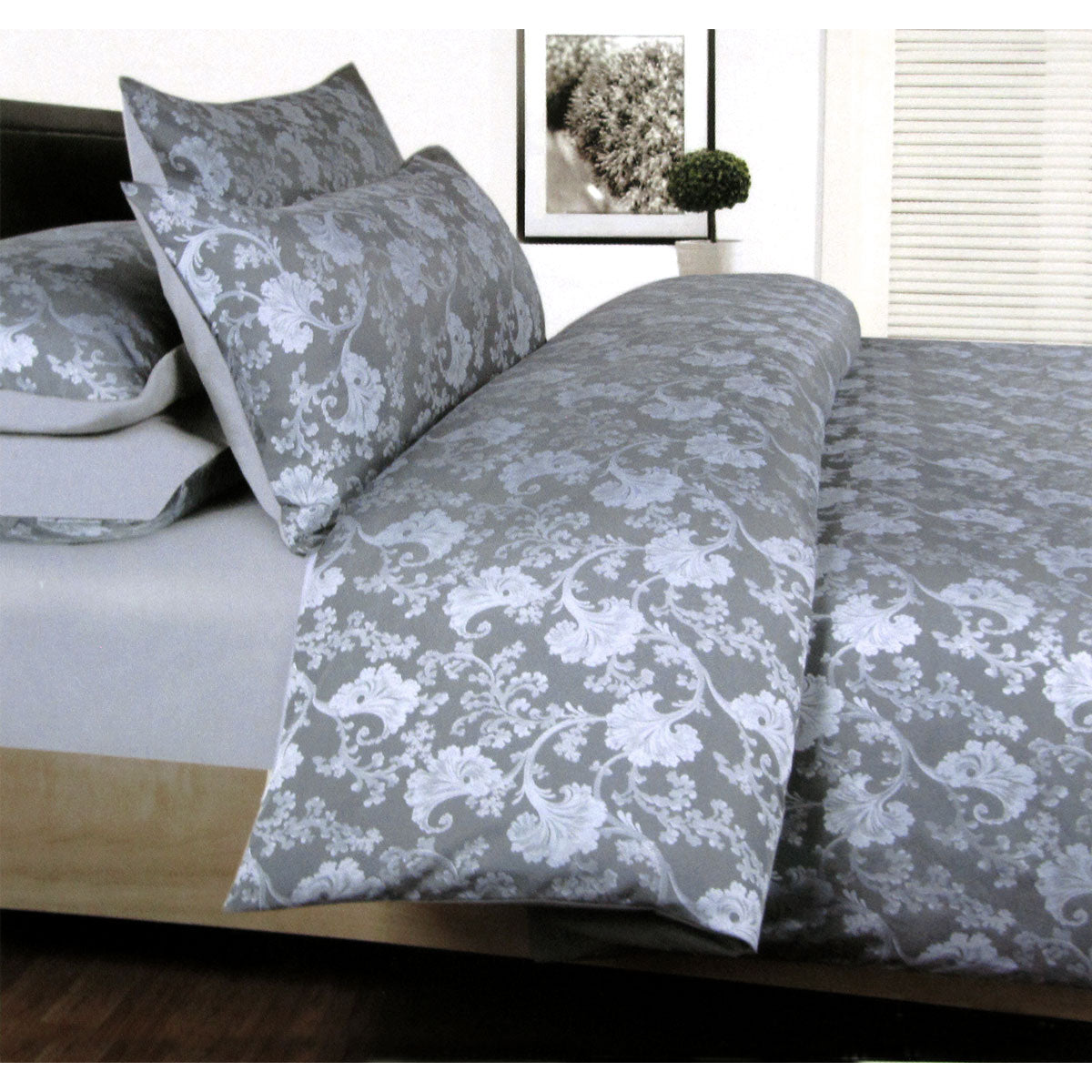 Accessorize Annabelle Grey Jacquard Quilt Cover Set Double featuring floral design in soft grey and silver tones.