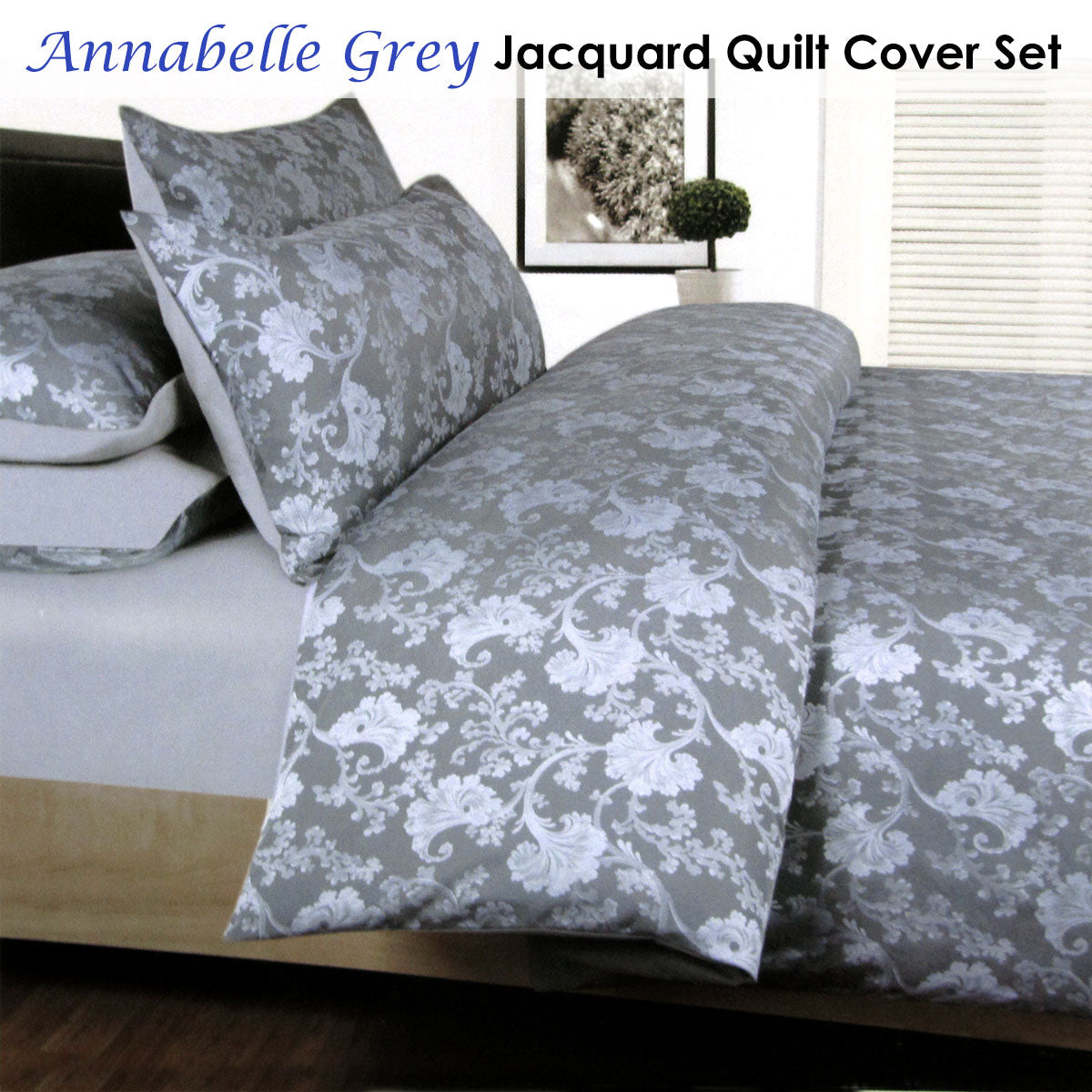 Accessorize Annabelle Grey Jacquard Quilt Cover Set Double featuring floral design in soft grey and silver tones.