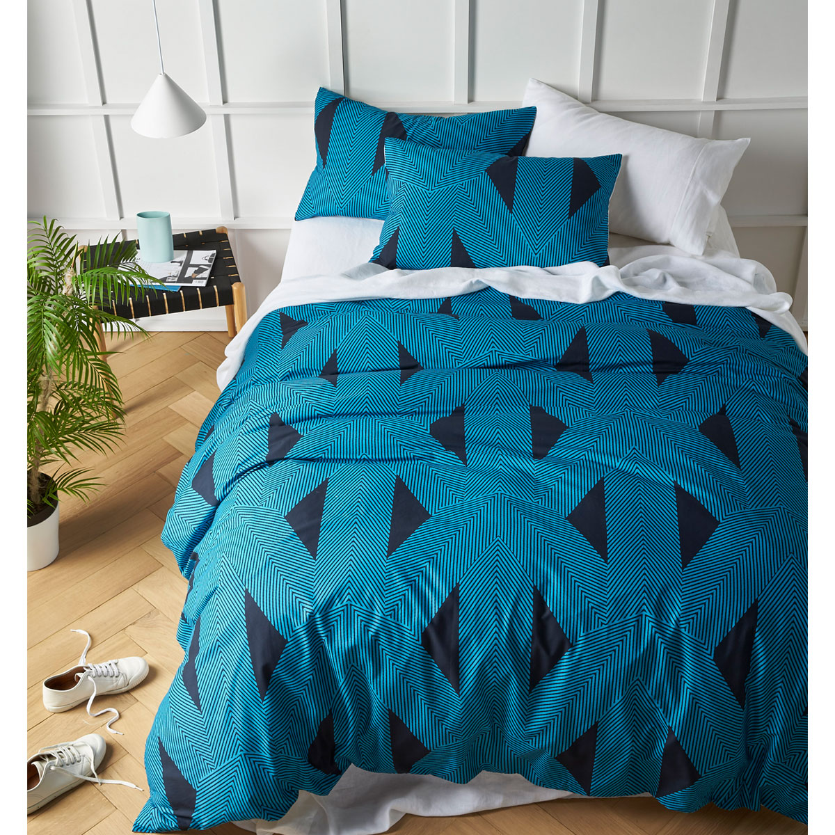 Accessorize Aster Blue Cotton Quilt Cover Set King featuring geometric design in blue and black tones, made from 100% cotton.