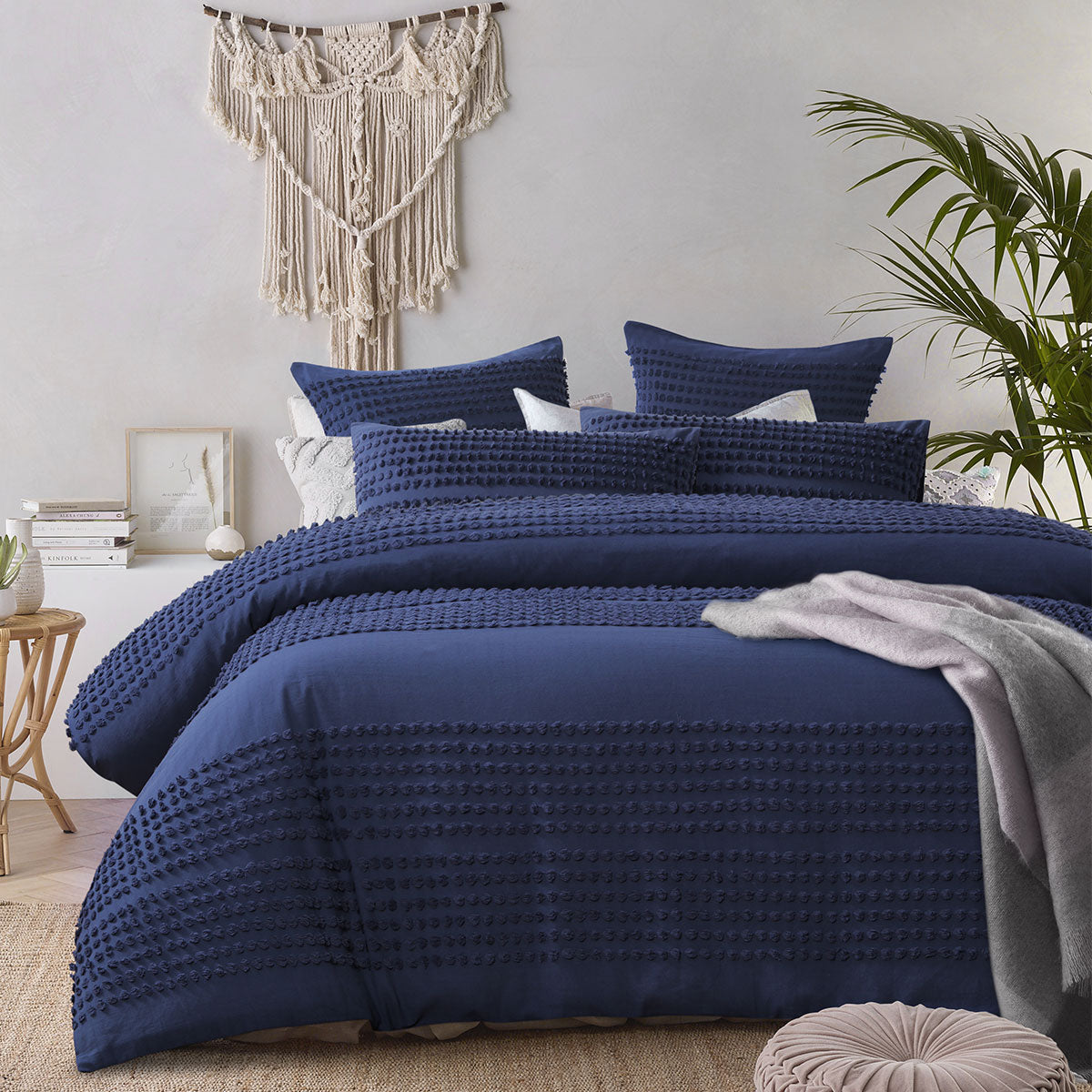 Accessorize Betty Dark Denim Cotton Quilt Cover Set King featuring chic chenille dots design on a dark denim background.