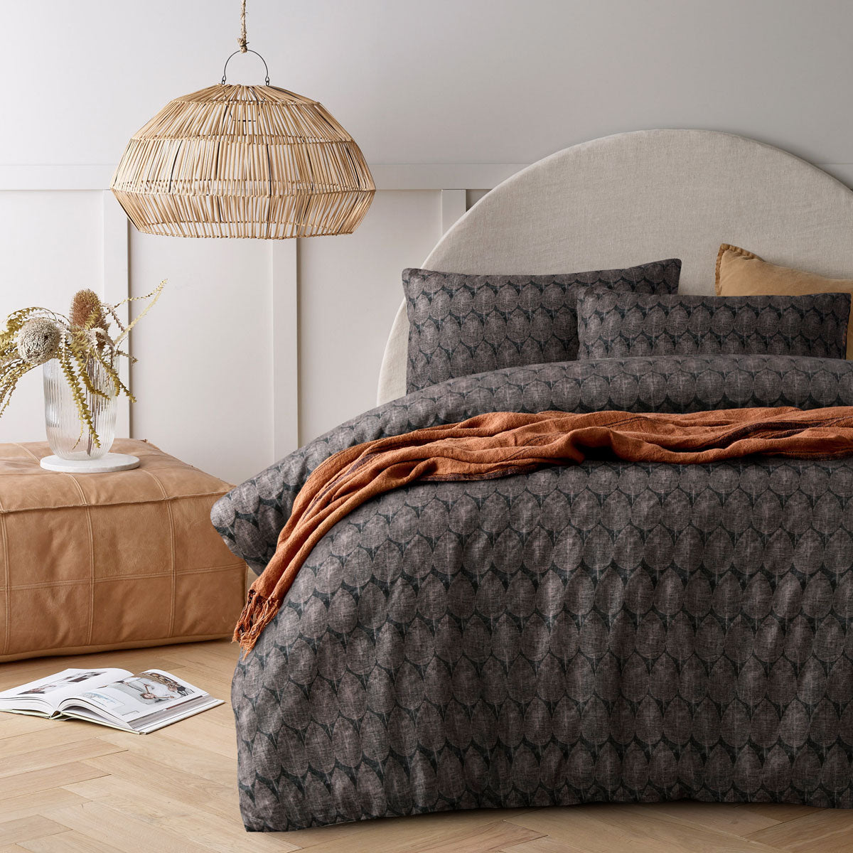 Accessorize Botany Linen Cotton Quilt Cover Set featuring a vintage leaves design in grey, taupe, and black, perfect for queen-sized beds.