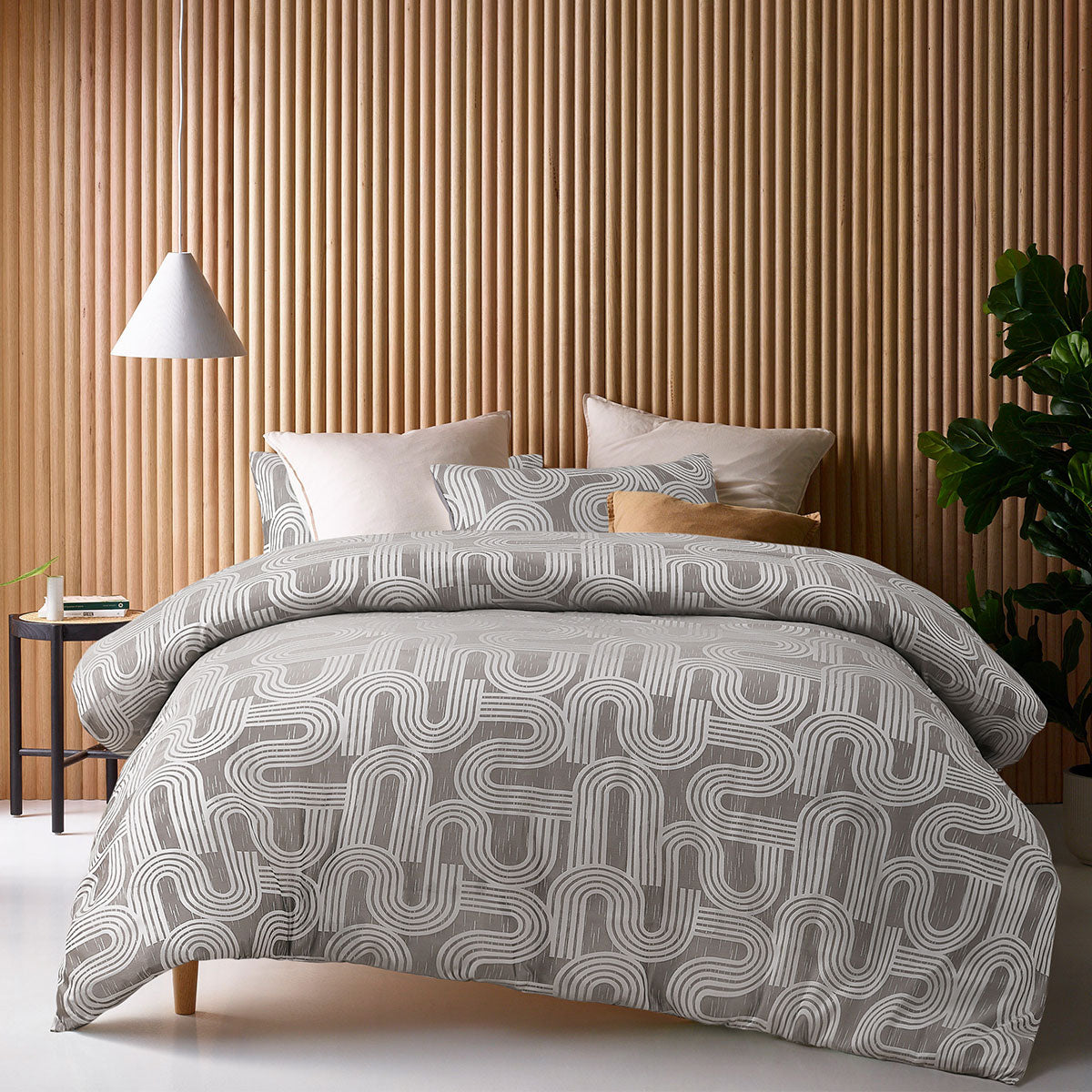 Accessorize Brent Jacquard Quilt Cover Set Queen featuring a geometric design in grey and silver tones, perfect for modern bedroom decor.