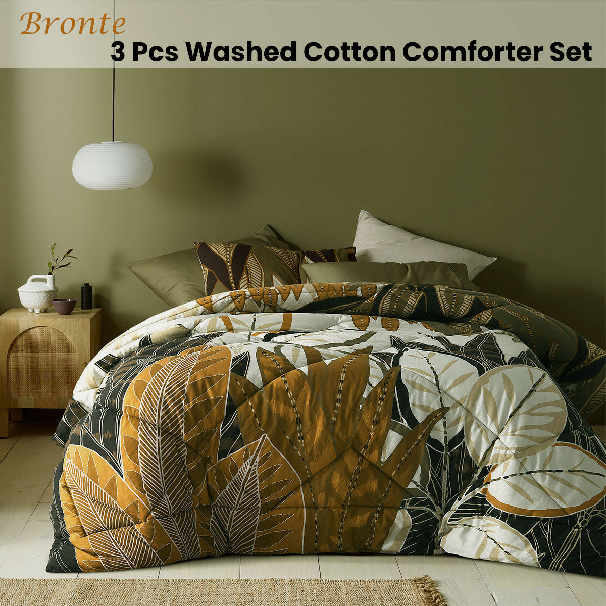 Accessorize Bronte Washed Cotton Printed 3 Piece Comforter Set King featuring foliage design in warm colors.