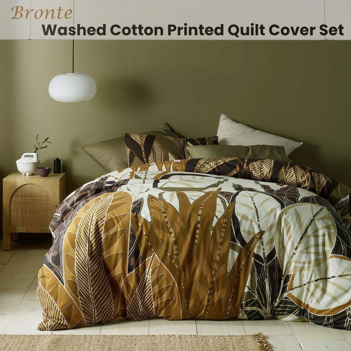 Accessorize Bronte Washed Cotton Printed Quilt Cover Set King featuring foliage design in cream, brown, black, burgundy, and taupe colors.