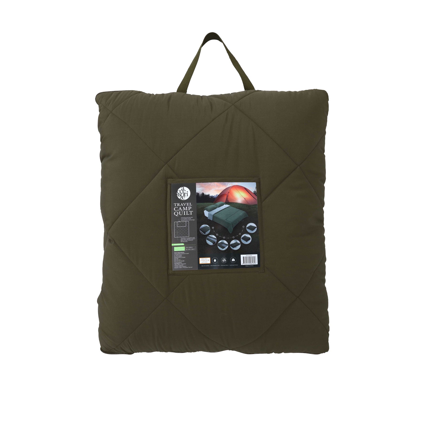 Accessorize Camp Quilt Green, spacious and cozy for two campers, featuring a water-repellent polyester shell and warm flannel lining.