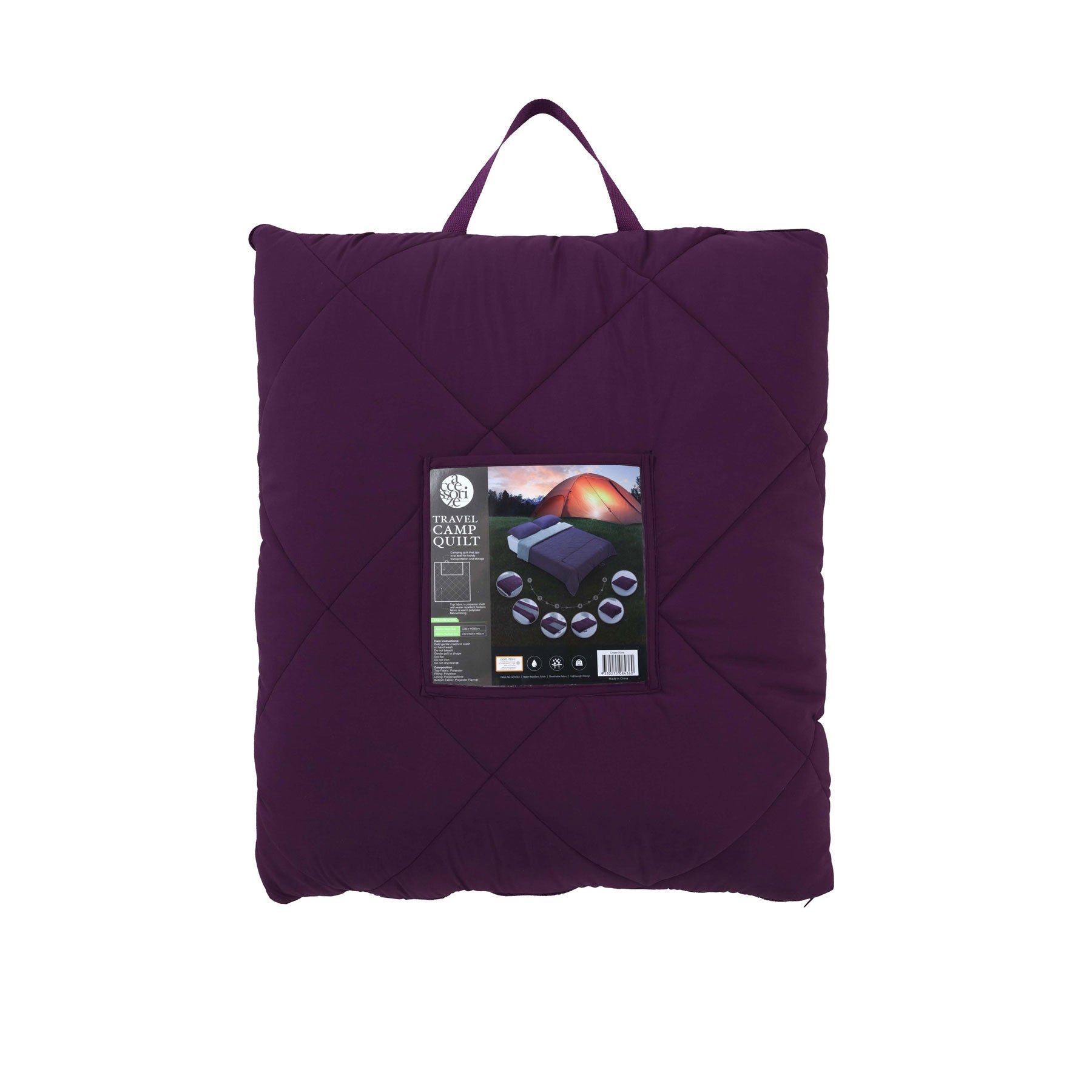 Accessorize Camp Quilt in purple, spacious for two, featuring a quilted diamond pattern and water-repellent fabric.