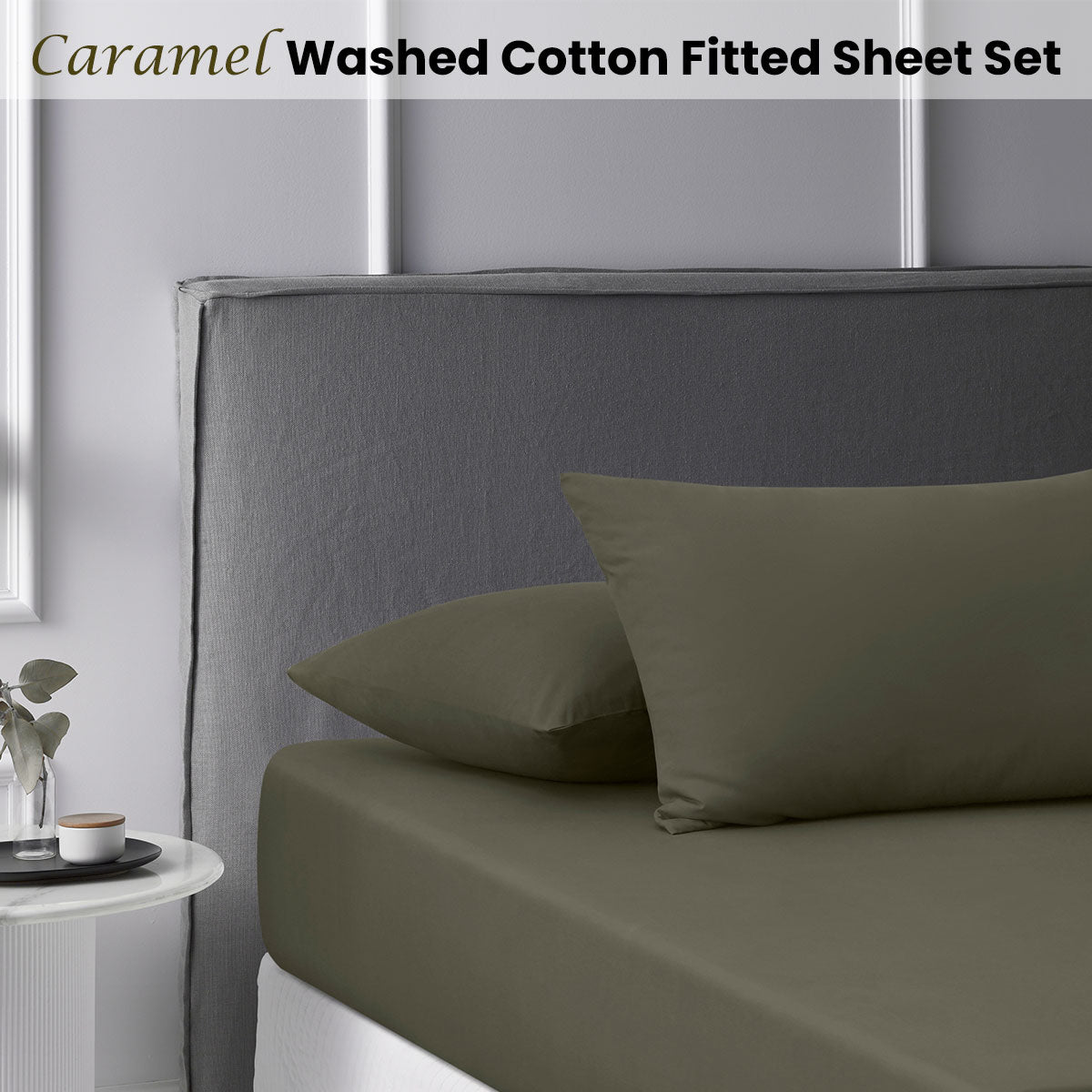 Accessorize Caramel Washed Cotton Fitted Sheet Set for super king beds, featuring soft cotton fabric and a solid caramel color.