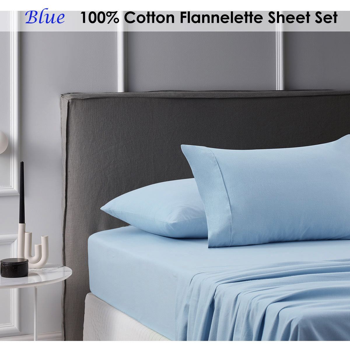 Accessorize Cotton Flannelette Sheet Set in Blue, featuring a flat sheet, fitted sheet, and pillowcase, perfect for winter comfort.