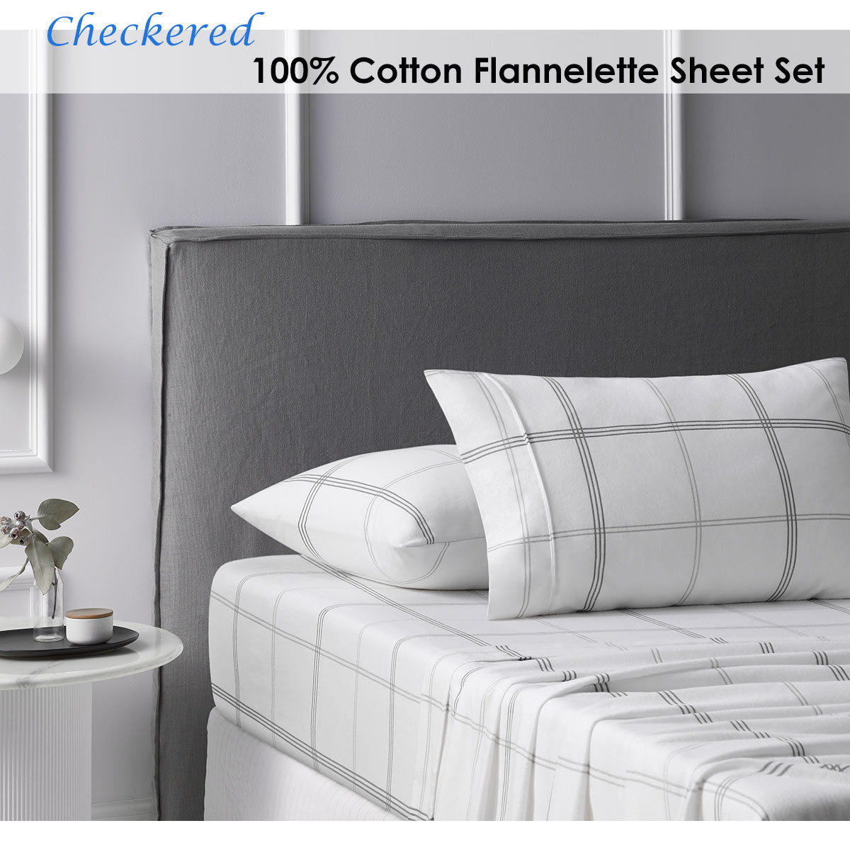 Accessorize Cotton Flannelette Sheet Set in checkered design, featuring flat and fitted sheets with pillowcases, perfect for winter bedding.