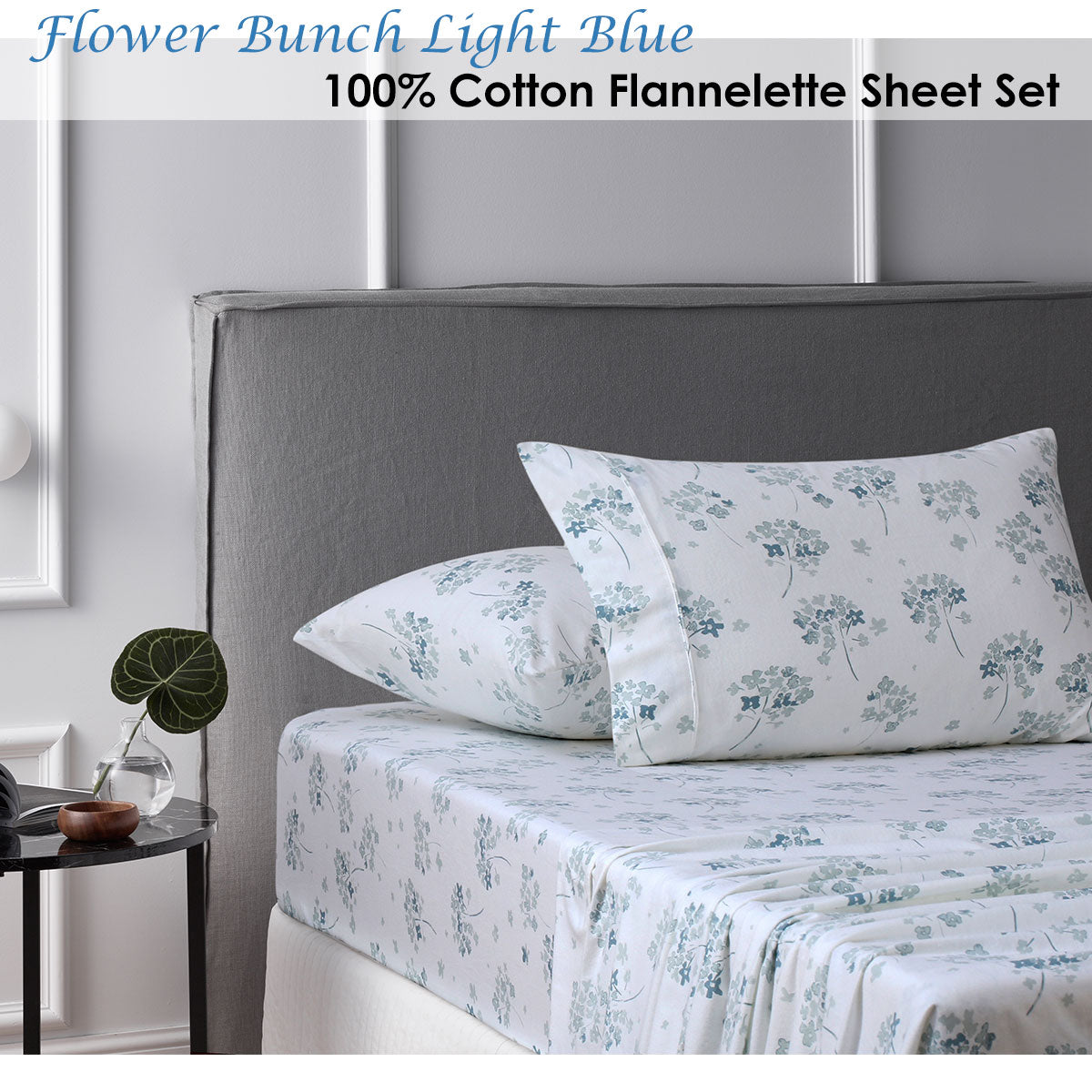 Accessorize Cotton Flannelette Sheet Set in Light Blue with Floral Design, perfect for winter bedding.