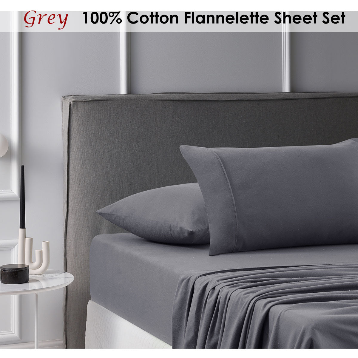 Accessorize Cotton Flannelette Sheet Set in Grey, featuring a flat sheet, fitted sheet, and two pillowcases, perfect for winter comfort.