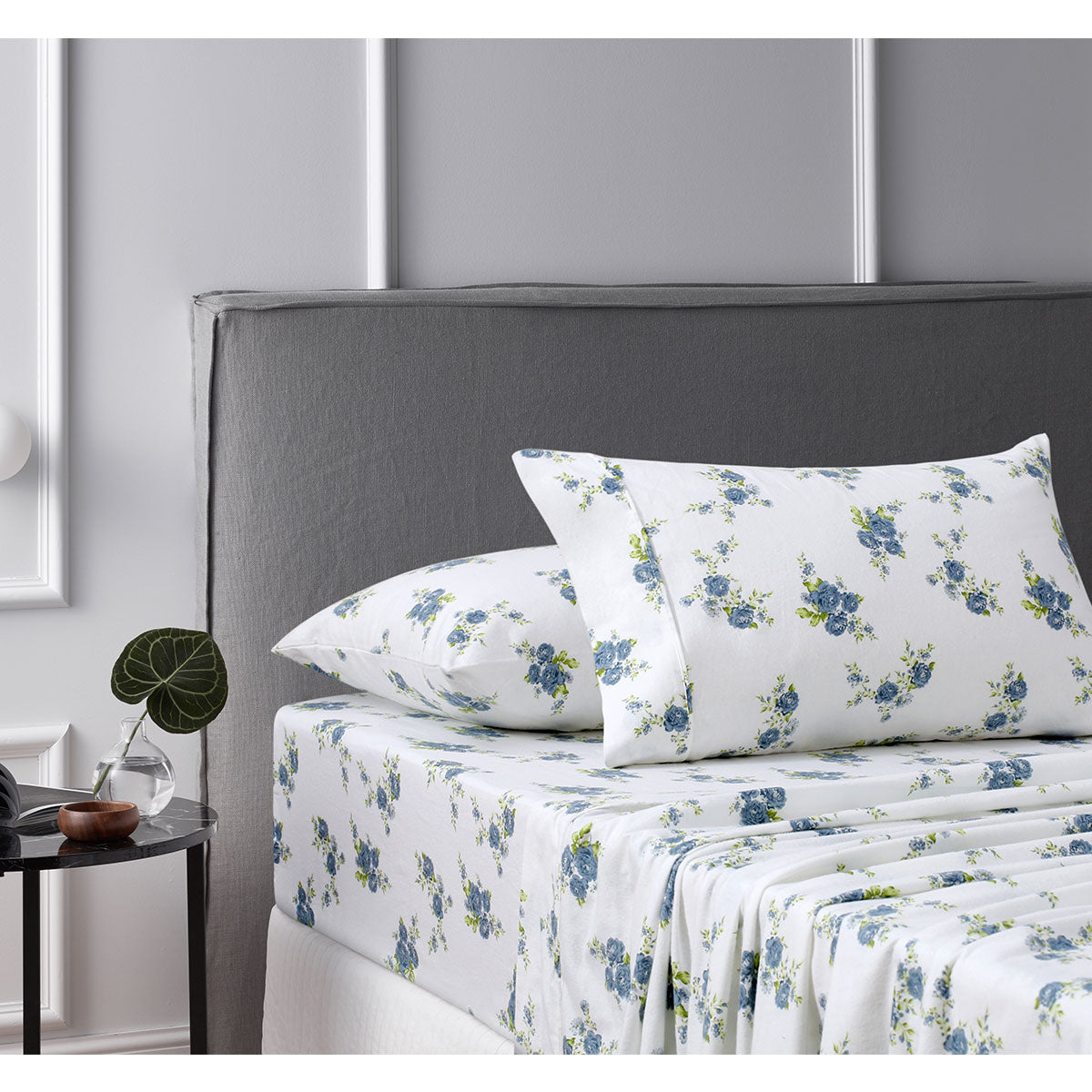 Accessorize Cotton Flannelette Sheet Set in Rose Light Blue featuring floral print design, perfect for winter bedding.