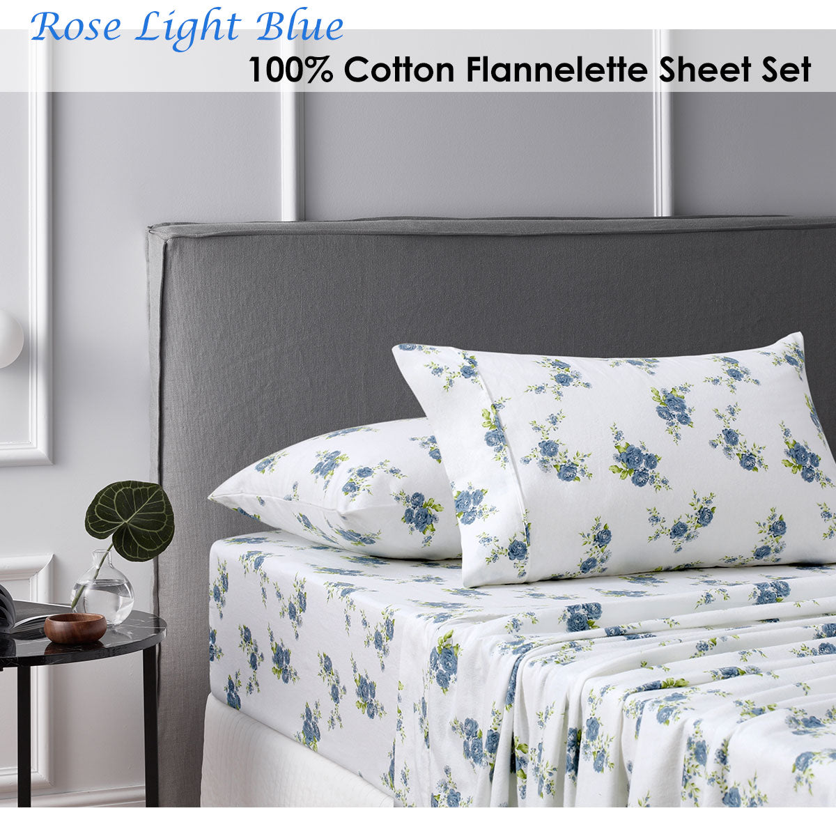 Accessorize Cotton Flannelette Sheet Set in Rose Light Blue featuring floral print design, perfect for winter bedding.