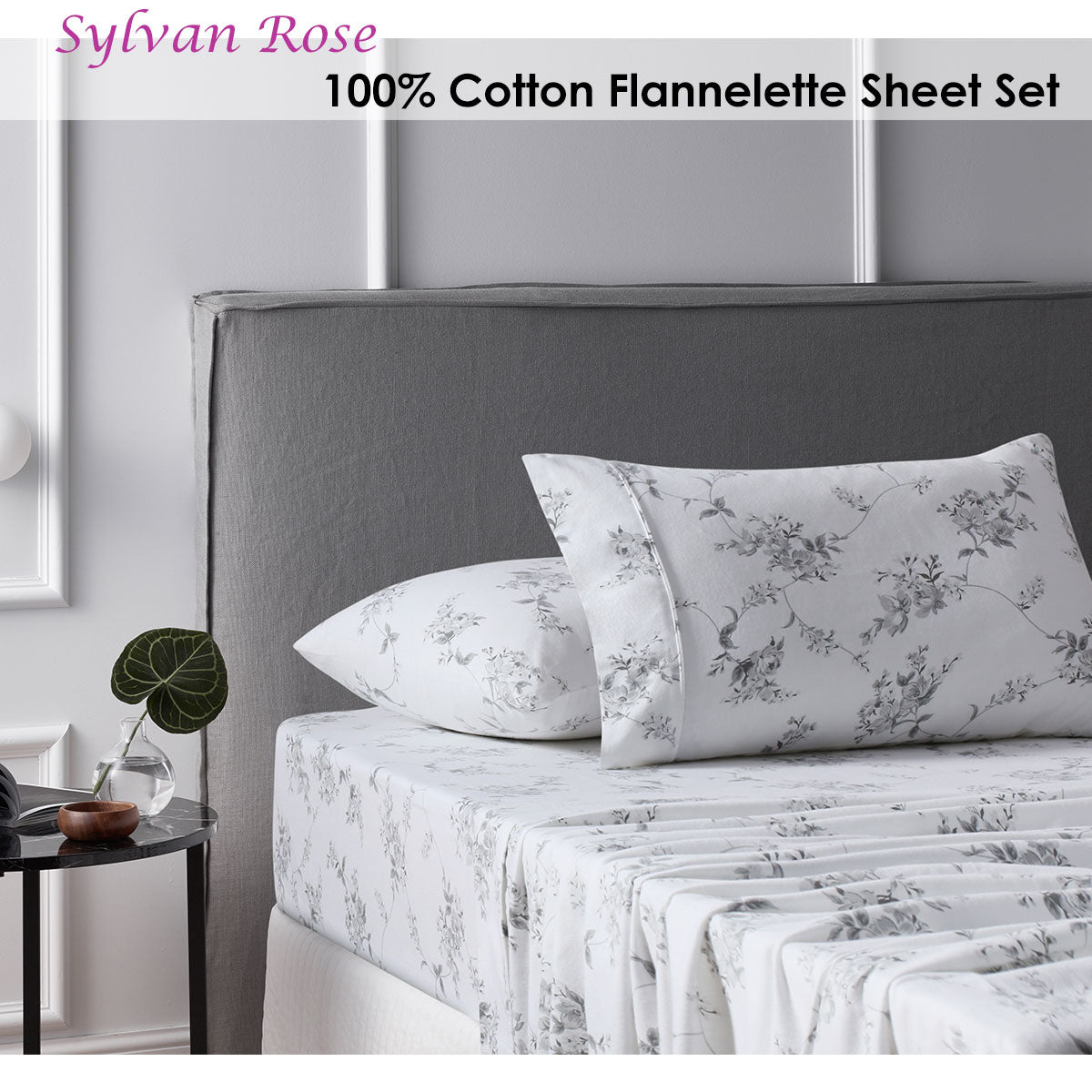 Accessorize Cotton Flannelette Sheet Set Sylvan Rose featuring floral design, flat sheet, fitted sheet, and pillowcase in soft cotton fabric.