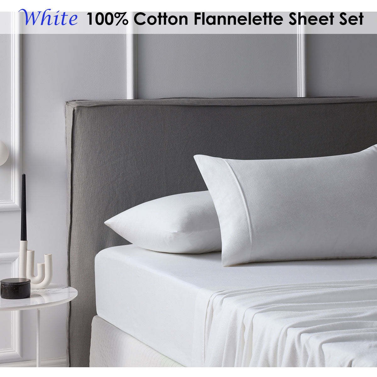 Accessorize Cotton Flannelette Sheet Set in White, featuring a flat sheet, fitted sheet, and two pillowcases, perfect for winter comfort.