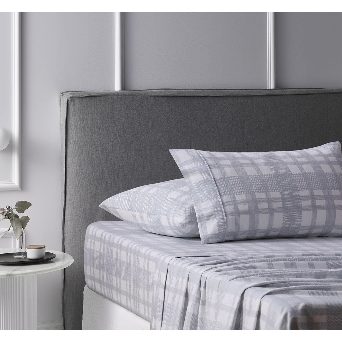 Accessorize Cotton Flannelette Sheet Set Woven featuring geometric print design in white and grey tones, perfect for winter bedding.